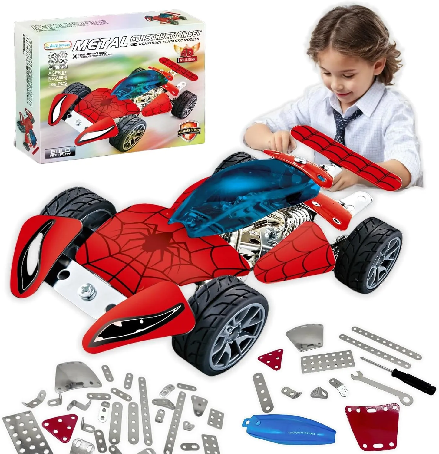 Metal Model Car Building Assembly Toys 166 PCS STEM Erector Sets Car Vehicle Model Construction Set for Boys and Girls Car Building Educational Toy for Kids Ages 8  (Spidermodel Car)