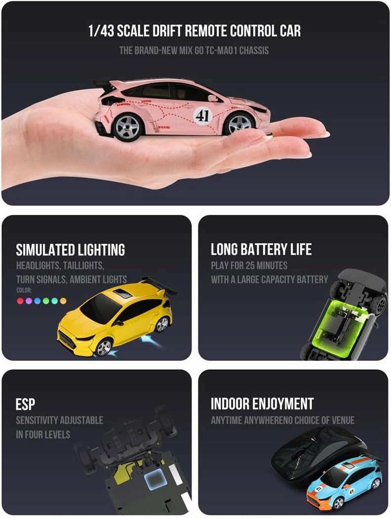 MG044 RC Drift Car, 1:43 Scale 2.4GHz High Speed 4WD Micro FPV Remote Control Car for Adults, RTR RC Racing Vehicle Model