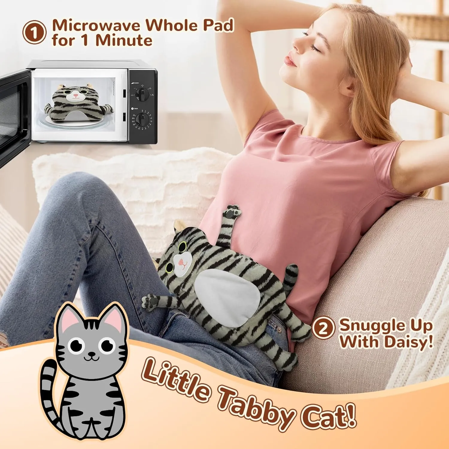 Microwave Heating Pad for Pain Relief, 17" x 9" Microwavable Heating Pads for Cramps, Back Pain, Neck Shoulder, Muscles, Knee, Joints, Natural Heat Pack Moist Heat, Gray Tabby Cat