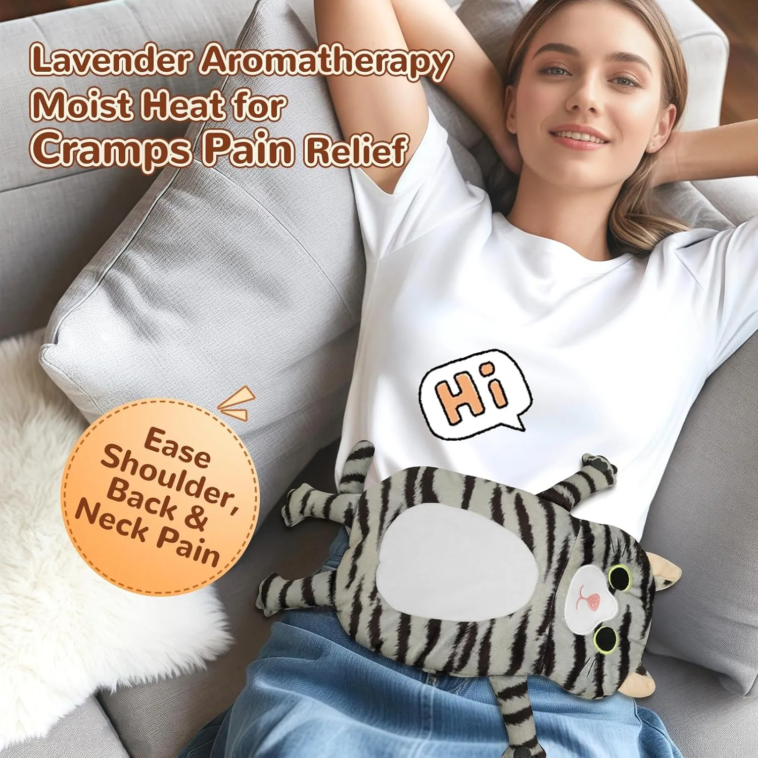 Microwave Heating Pad for Pain Relief, 17" x 9" Microwavable Heating Pads for Cramps, Back Pain, Neck Shoulder, Muscles, Knee, Joints, Natural Heat Pack Moist Heat, Gray Tabby Cat