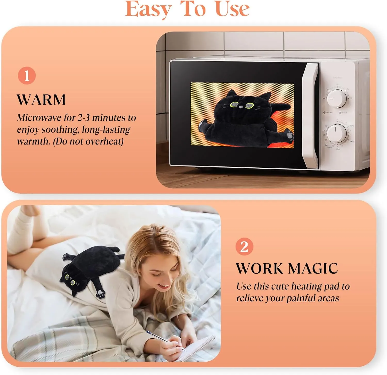 Microwave Heating Pad for Pain Relief, 21* 12" Microwavable Moist Heat Pad for Neck Shoulder, Cramps, Back Pain Relief, Warm Compress Rice Bean Bag Hot Pack for Muscles, Joints, Large Black Cat