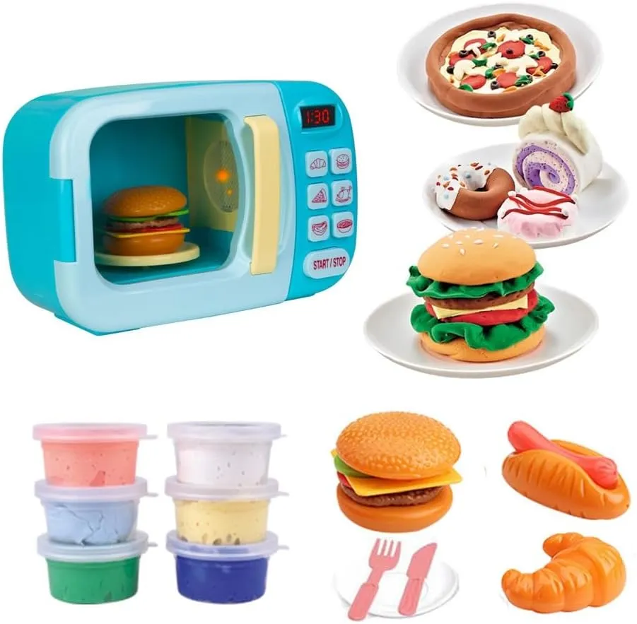 Microwave Toys Kitchen Play Set with Light Sound,Kids Pretend Play Electronic Oven with Play Food and 6 Color DIY Play-Dough for Children Ages 3  Years (Blue)