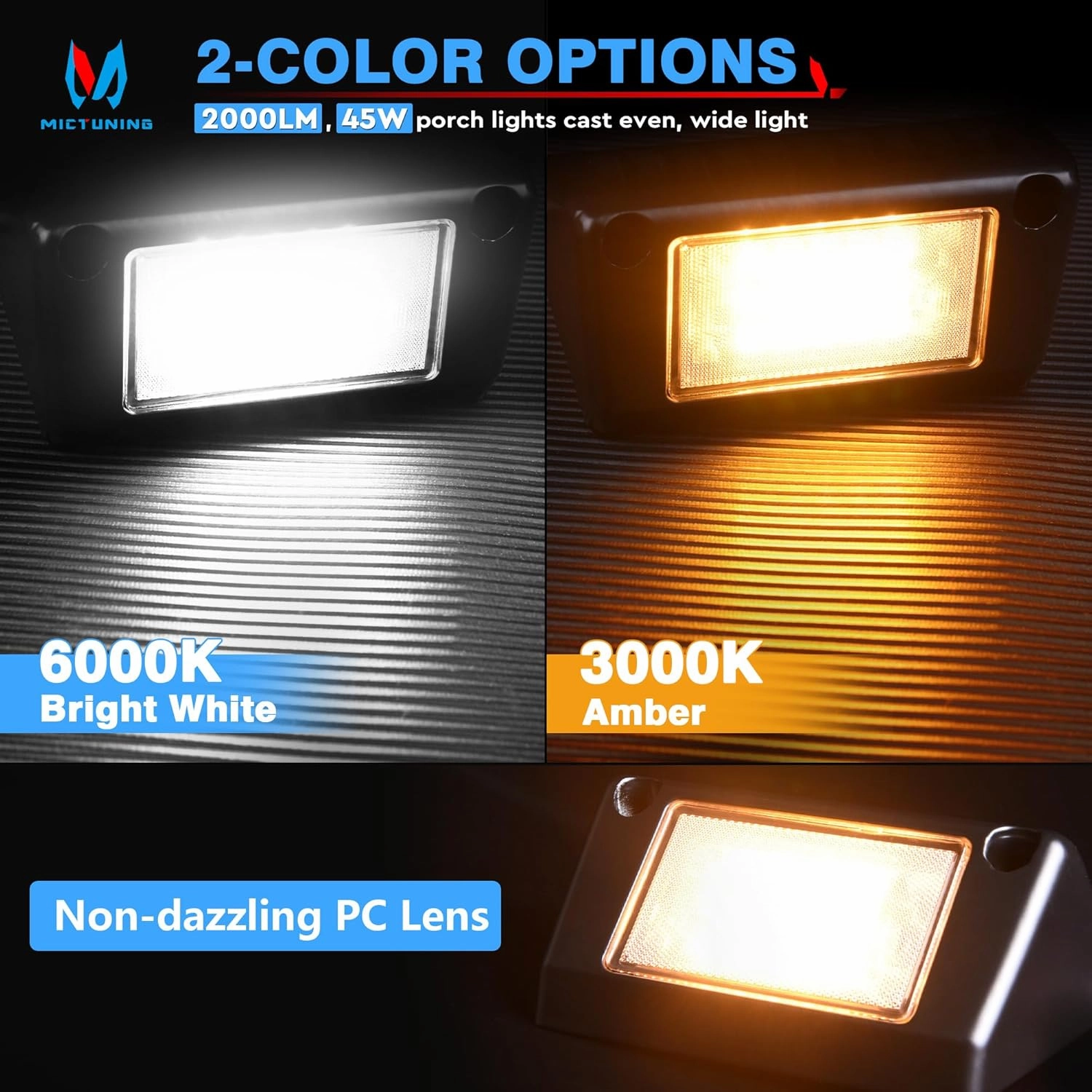 MICTUNING RV Porch Lights, 5 Inch 45W Amber/White LED Exterior Utility Awning Light 2000LM 6000K Aluminum Housing IP67 Waterproof Replacement Lighting for Trucks Trailers Bus Marine Boats, 2 Pcs