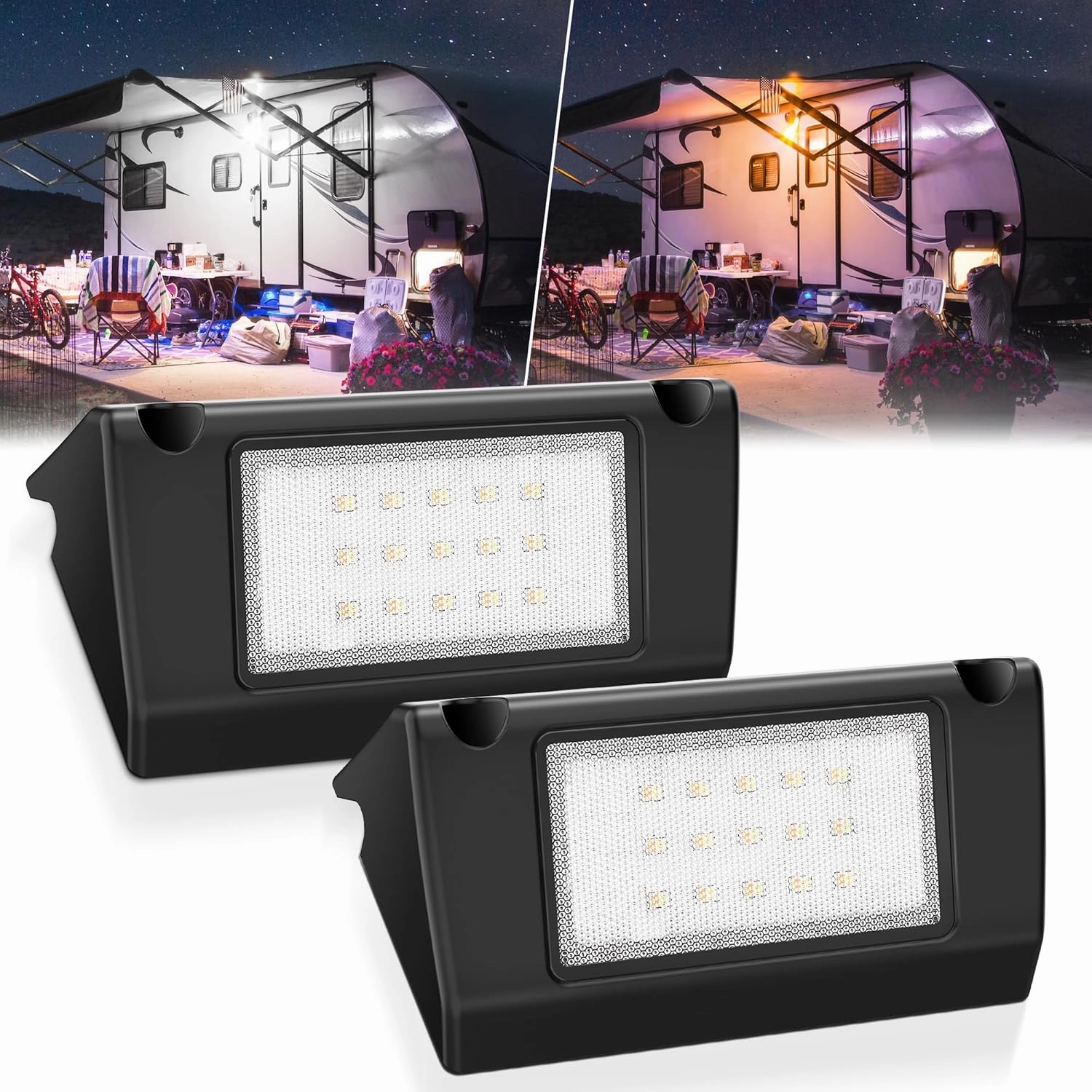MICTUNING RV Porch Lights, 5 Inch 45W Amber/White LED Exterior Utility Awning Light 2000LM 6000K Aluminum Housing IP67 Waterproof Replacement Lighting for Trucks Trailers Bus Marine Boats, 2 Pcs
