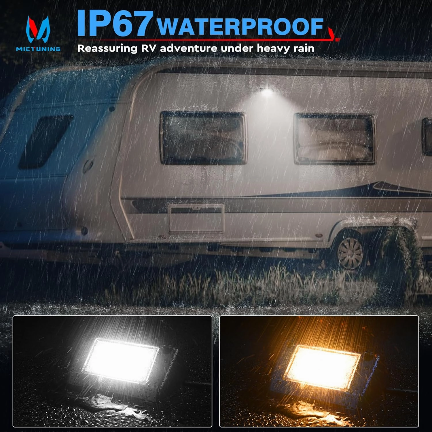 MICTUNING RV Porch Lights, 5 Inch 45W Amber/White LED Exterior Utility Awning Light 2000LM 6000K Aluminum Housing IP67 Waterproof Replacement Lighting for Trucks Trailers Bus Marine Boats, 2 Pcs