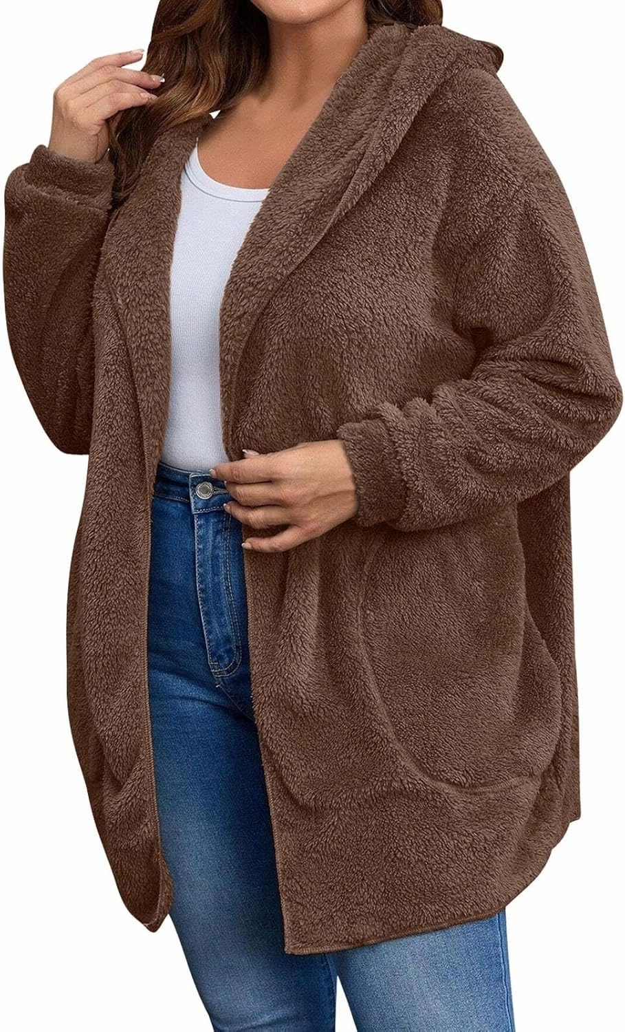 Miyaomn Women's Hooded Cardigans Fuzzy Fleece Oversized Long Jackets Hoodies Winter Warm Open Front Plush Sherpa Coat Outwear