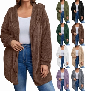 Miyaomn Women's Hooded Cardigans Fuzzy Fleece Oversized Long Jackets Hoodies Winter Warm Open Front Plush Sherpa Coat Outwear