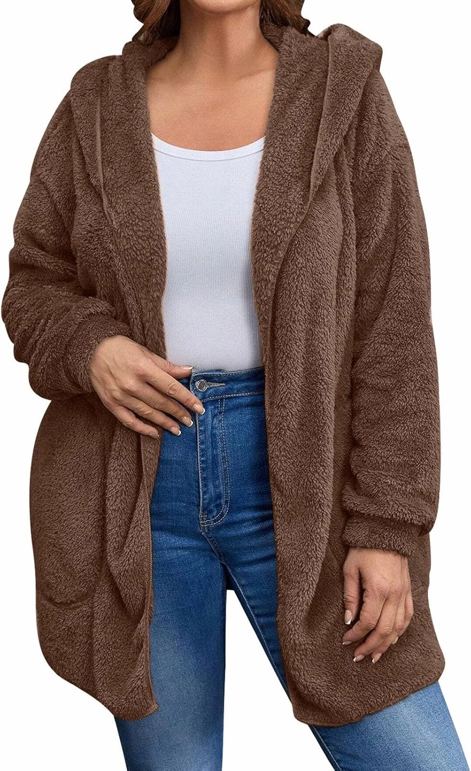 Miyaomn Women's Hooded Cardigans Fuzzy Fleece Oversized Long Jackets Hoodies Winter Warm Open Front Plush Sherpa Coat Outwear