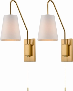 Modern Brass Plug-in Wall Sconces Set of Two Fabric Shade Bedroom Wall Lamp with Pull Chain Switch