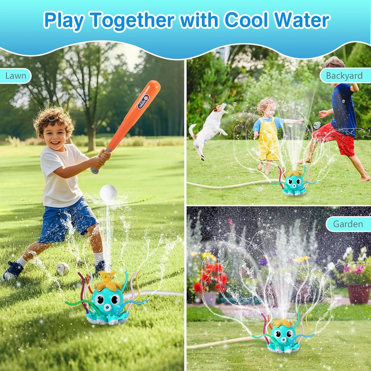 MoKo Water Sprinkler Baseball Toy for Kids Outdoor Play, 2 in 1 Octopus Baseball Water Games for Boys Girls, Yard Sprayer Sprinkler, Toddler Outdoor Toys for Backyard Garden Lawn Pool, Sky Blu Octopus