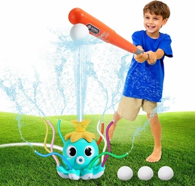 MoKo Water Sprinkler Baseball Toy for Kids Outdoor Play, 2 in 1 Octopus Baseball Water Games for Boys Girls, Yard Sprayer Sprinkler, Toddler Outdoor Toys for Backyard Garden Lawn Pool, Sky Blu Octopus