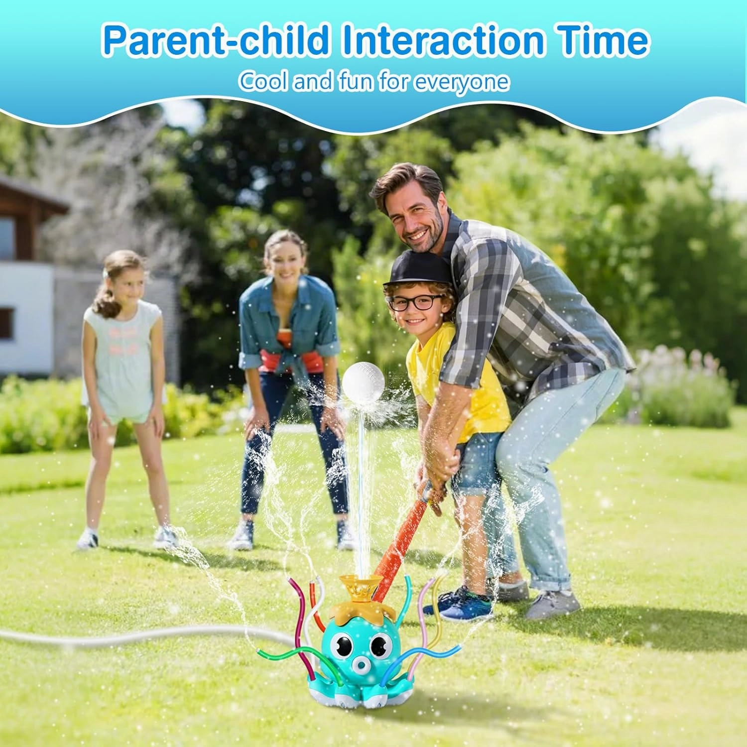 MoKo Water Sprinkler Baseball Toy for Kids Outdoor Play, 2 in 1 Octopus Baseball Water Games for Boys Girls, Yard Sprayer Sprinkler, Toddler Outdoor Toys for Backyard Garden Lawn Pool, Sky Blu Octopus