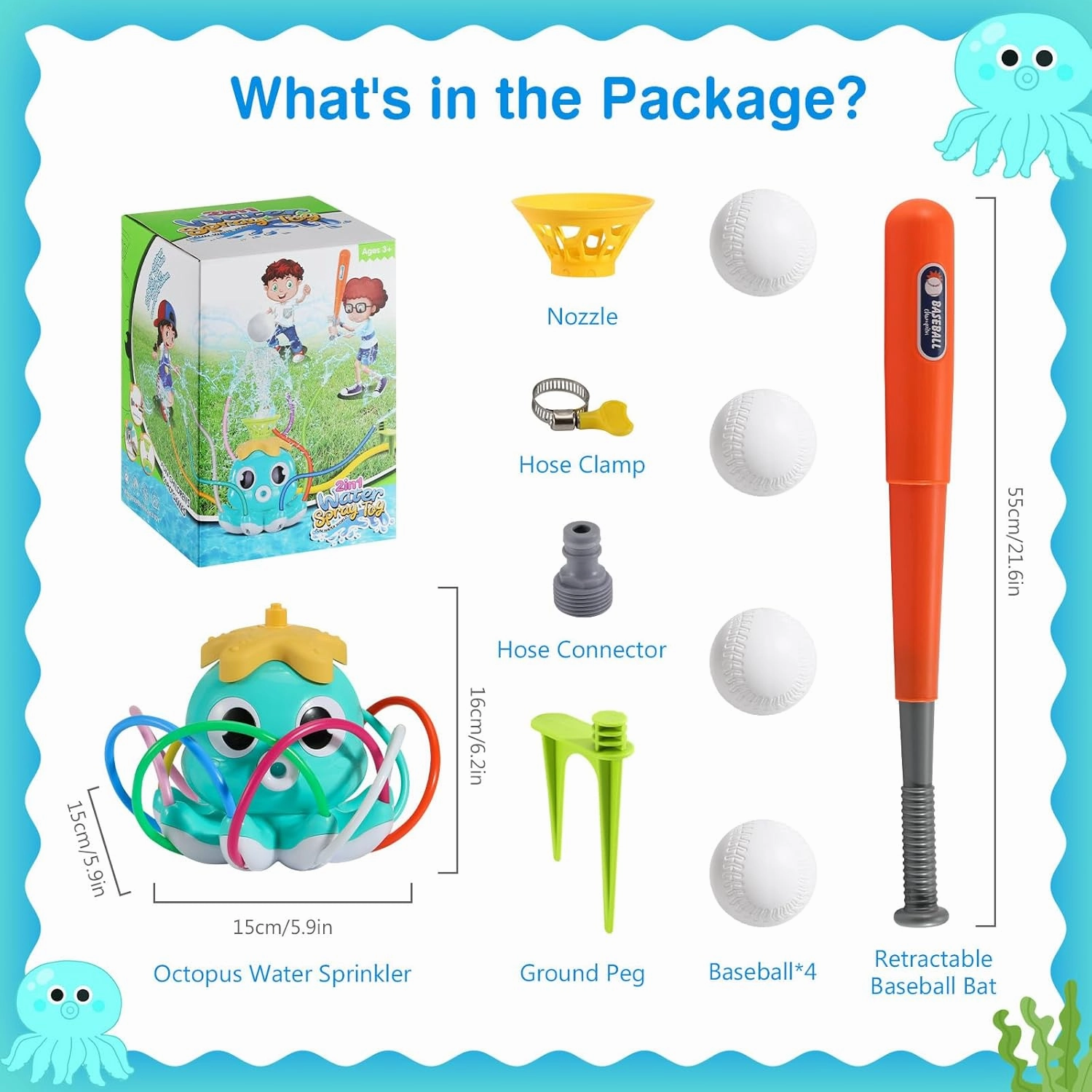 MoKo Water Sprinkler Baseball Toy for Kids Outdoor Play, 2 in 1 Octopus Baseball Water Games for Boys Girls, Yard Sprayer Sprinkler, Toddler Outdoor Toys for Backyard Garden Lawn Pool, Sky Blu Octopus