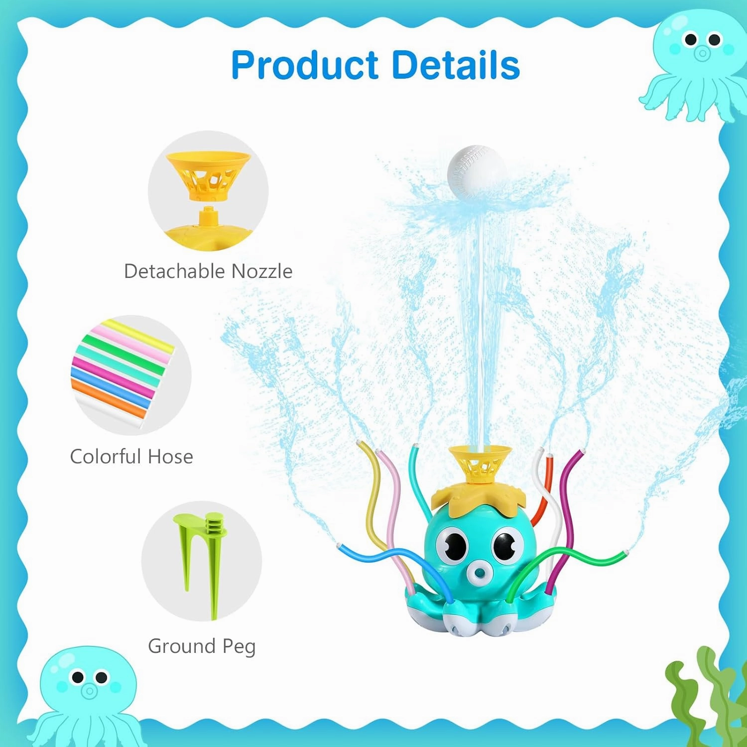 MoKo Water Sprinkler Baseball Toy for Kids Outdoor Play, 2 in 1 Octopus Baseball Water Games for Boys Girls, Yard Sprayer Sprinkler, Toddler Outdoor Toys for Backyard Garden Lawn Pool, Sky Blu Octopus