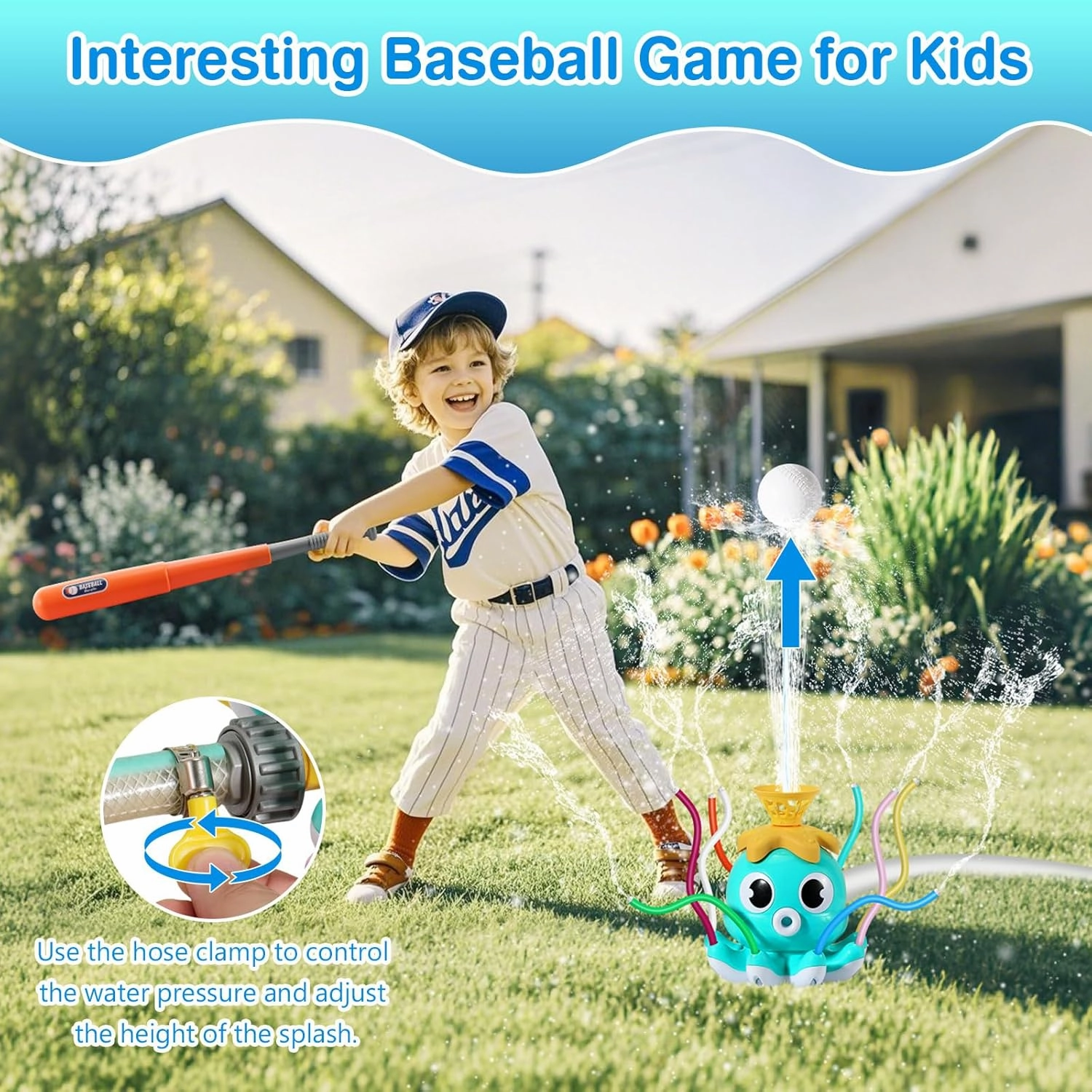 MoKo Water Sprinkler Baseball Toy for Kids Outdoor Play, 2 in 1 Octopus Baseball Water Games for Boys Girls, Yard Sprayer Sprinkler, Toddler Outdoor Toys for Backyard Garden Lawn Pool, Sky Blu Octopus