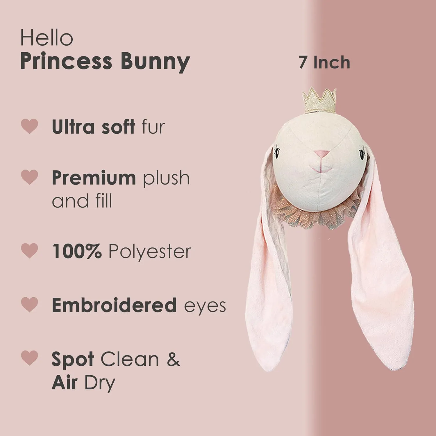 MON AMI Princess Bunny Stuffed Animal Head Wall Mount - 7", Elegant Children’s Bedroom Wall Mount, Home Decor, Kids Decor, Nursery Decor