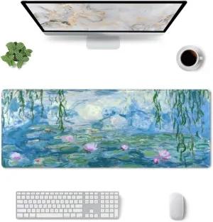 Monet Water Lilies Mouse Pad Stitched Edge XL Large Mousepad 31.5" X 12" Rubber Base Non Slip Desk Mat for Laptop Pc Computer Gaming