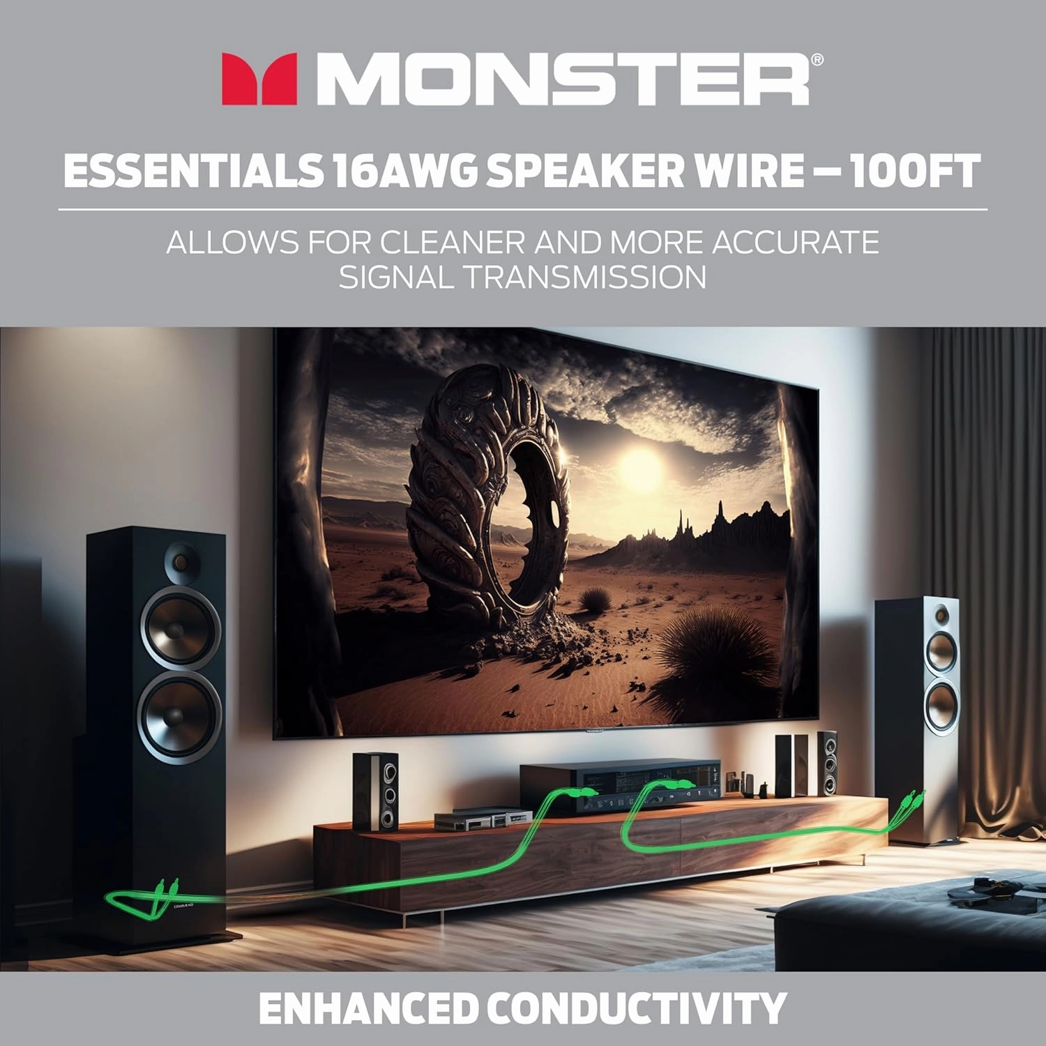Monster Essentials High Performance Speaker Wire 16 Gauge Copper Clad Aluminum (CCA) Speaker Cable 100 FT Spool – Ideal Home Cinema Speaker Wire Cable and Car Audio Speaker Cables/Speaker Wires