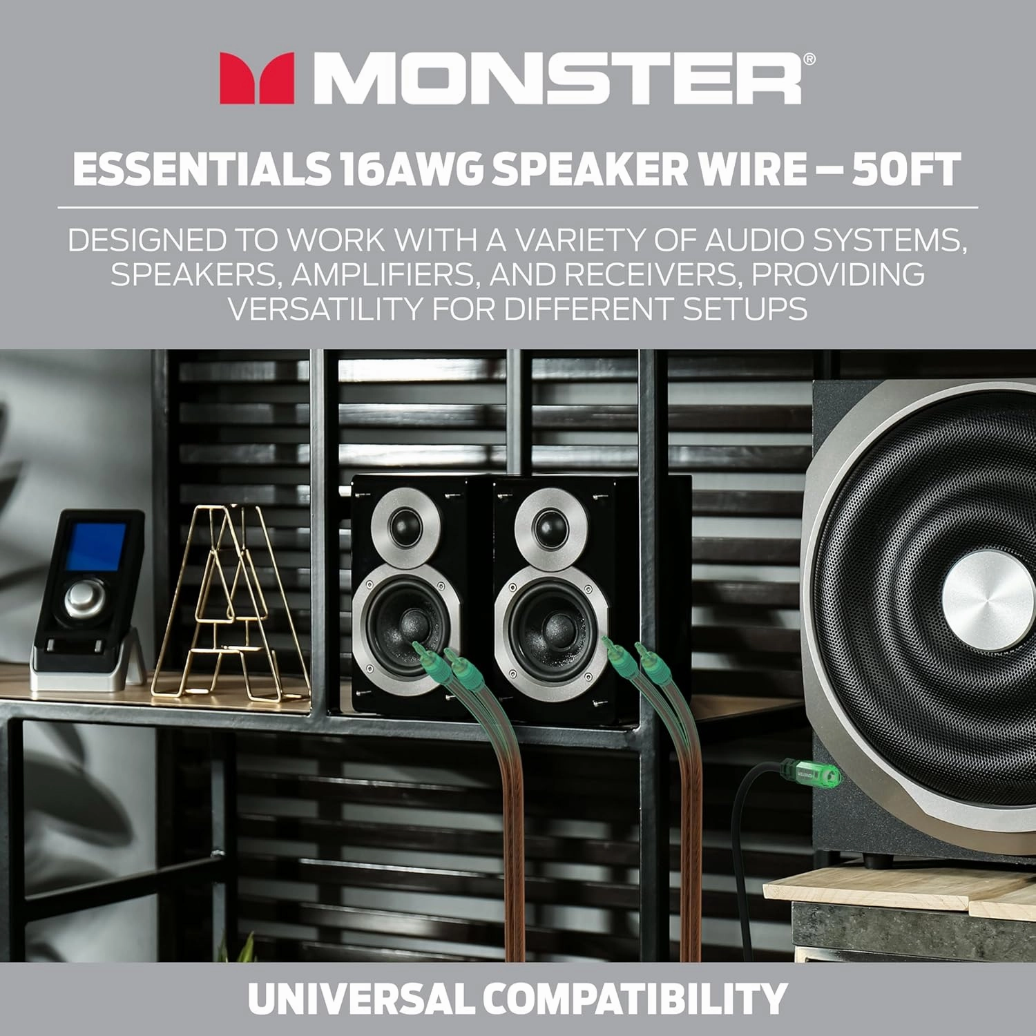 Monster Essentials High Performance Speaker Wire 16 Gauge Copper Clad Aluminum (CCA) Speaker Cable 50 FT Spool – Ideal Home Cinema Speaker Wire Cable and Car Audio Speaker Cables/Speaker Wires