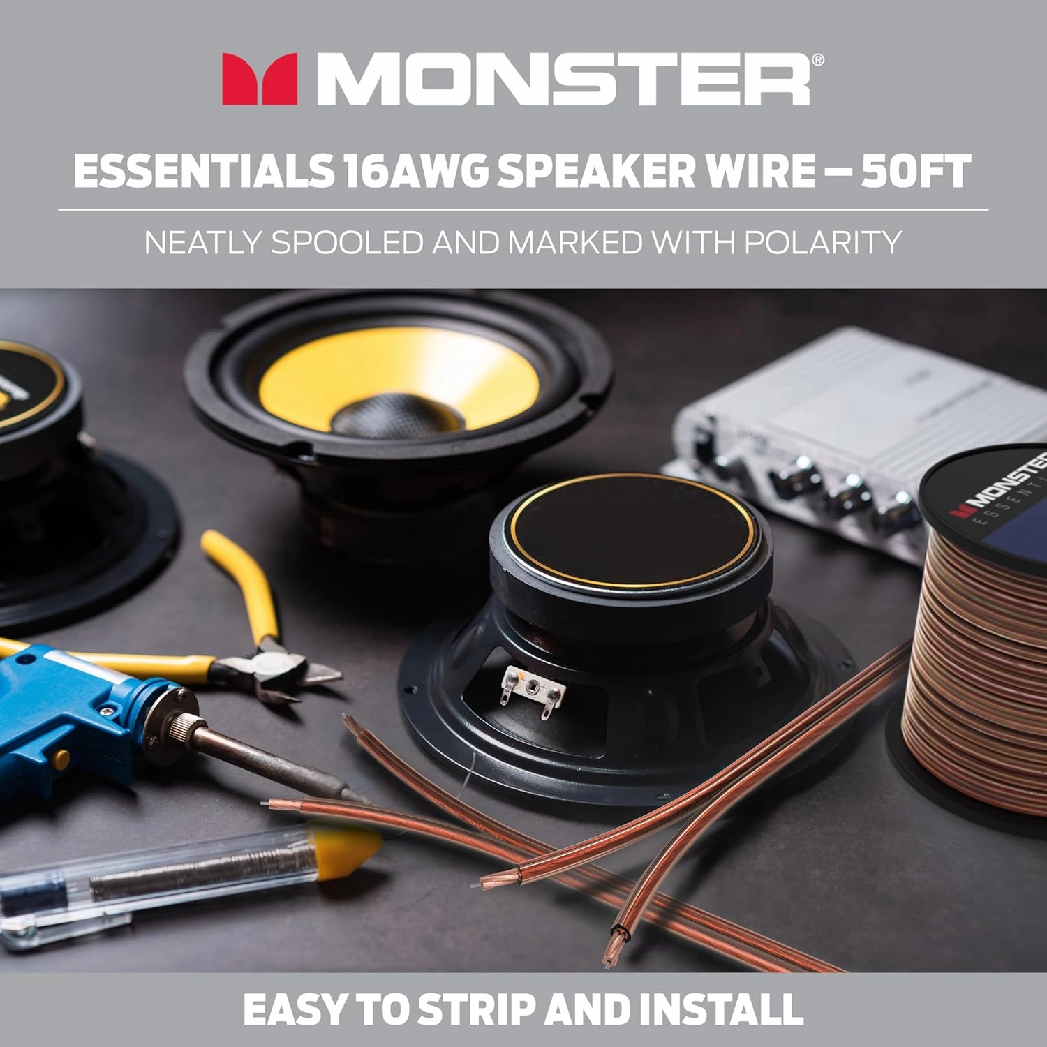 Monster Essentials High Performance Speaker Wire 16 Gauge Copper Clad Aluminum (CCA) Speaker Cable 50 FT Spool – Ideal Home Cinema Speaker Wire Cable and Car Audio Speaker Cables/Speaker Wires