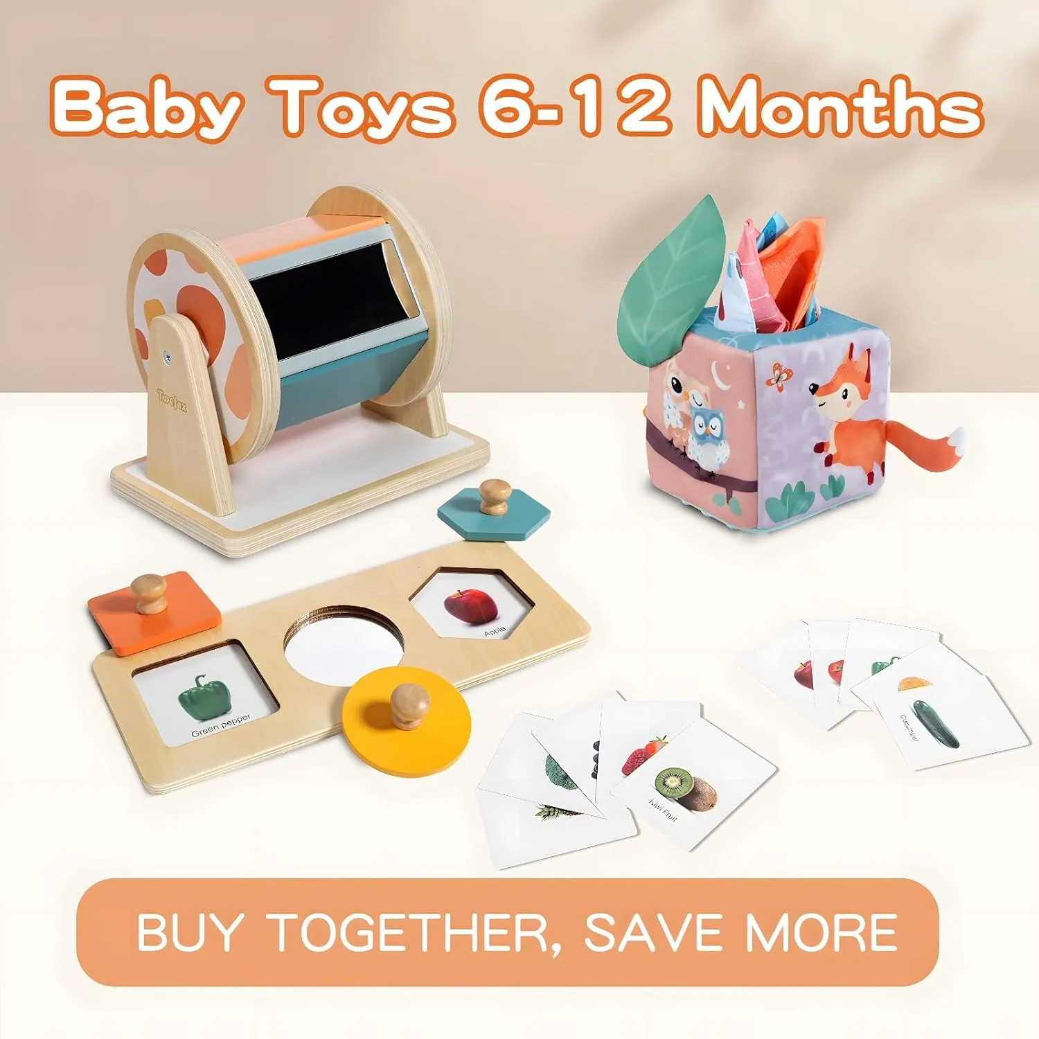 Montessori Toys for Babies 6-12 Months - 3 in 1 Baby Toys Play Kit - Medium Spinning Drum - Baby Tissue Box Toy - Peekaboo Knob Puzzle with Cards - Learning Educational Toy for Boys and Girls
