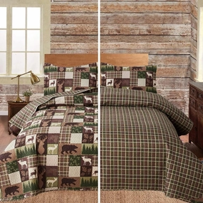 Moose Lodge Lightweight Bedspread Coverlet - All Season Reversible Queen Quilt Set with Shams,Plaid Bear Deer Printed Bedding Set,Rustic Country Cabin Summer Comforter Blanket Bed Cover