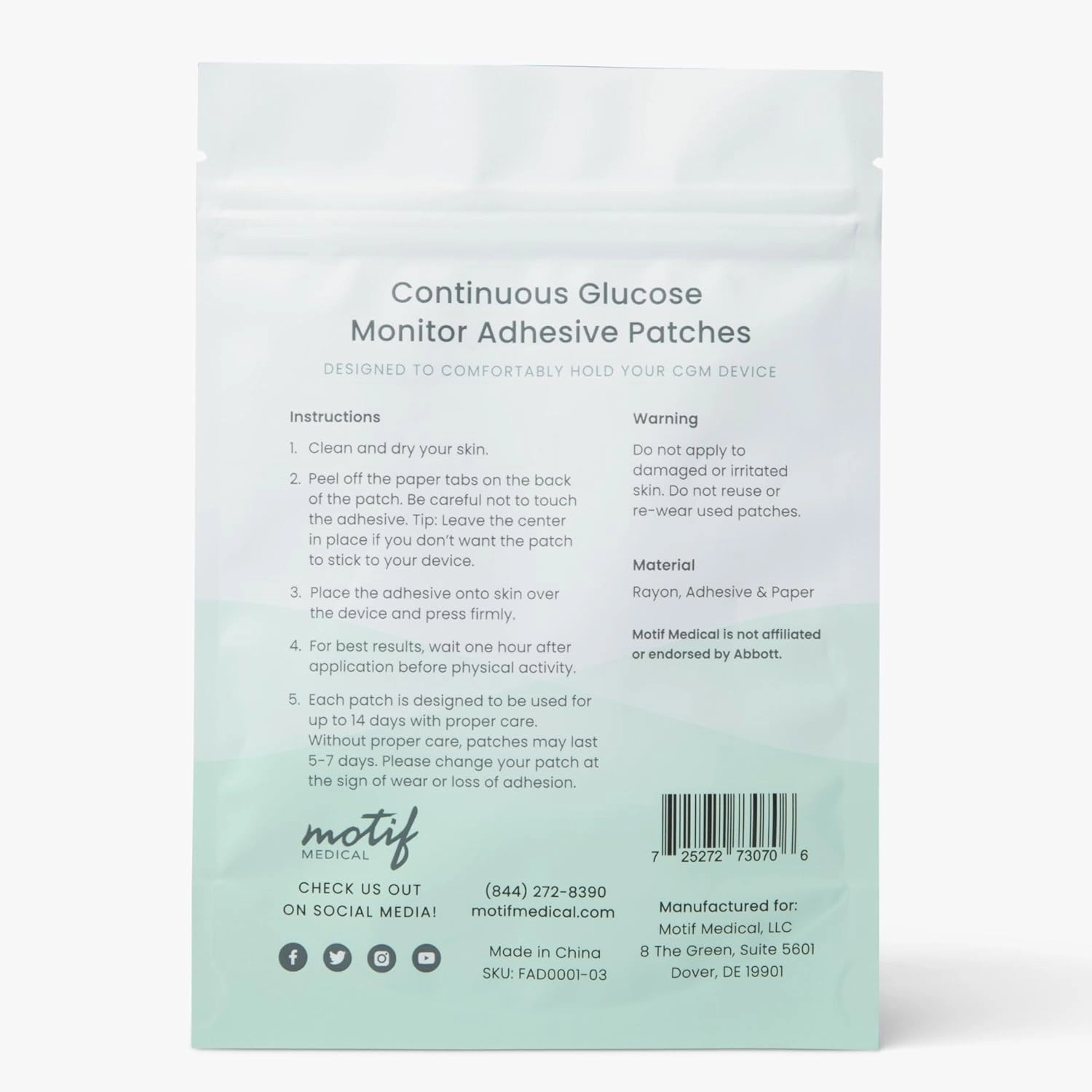 Motif Medical CGM Patches for Libre 3 CGM - Breathable Waterproof Sensor Patches w/Lasting Support - Easy Apply & Remove CGM Covers - Sleek Adhesive Patch for Showers & Workouts (20/Pack)