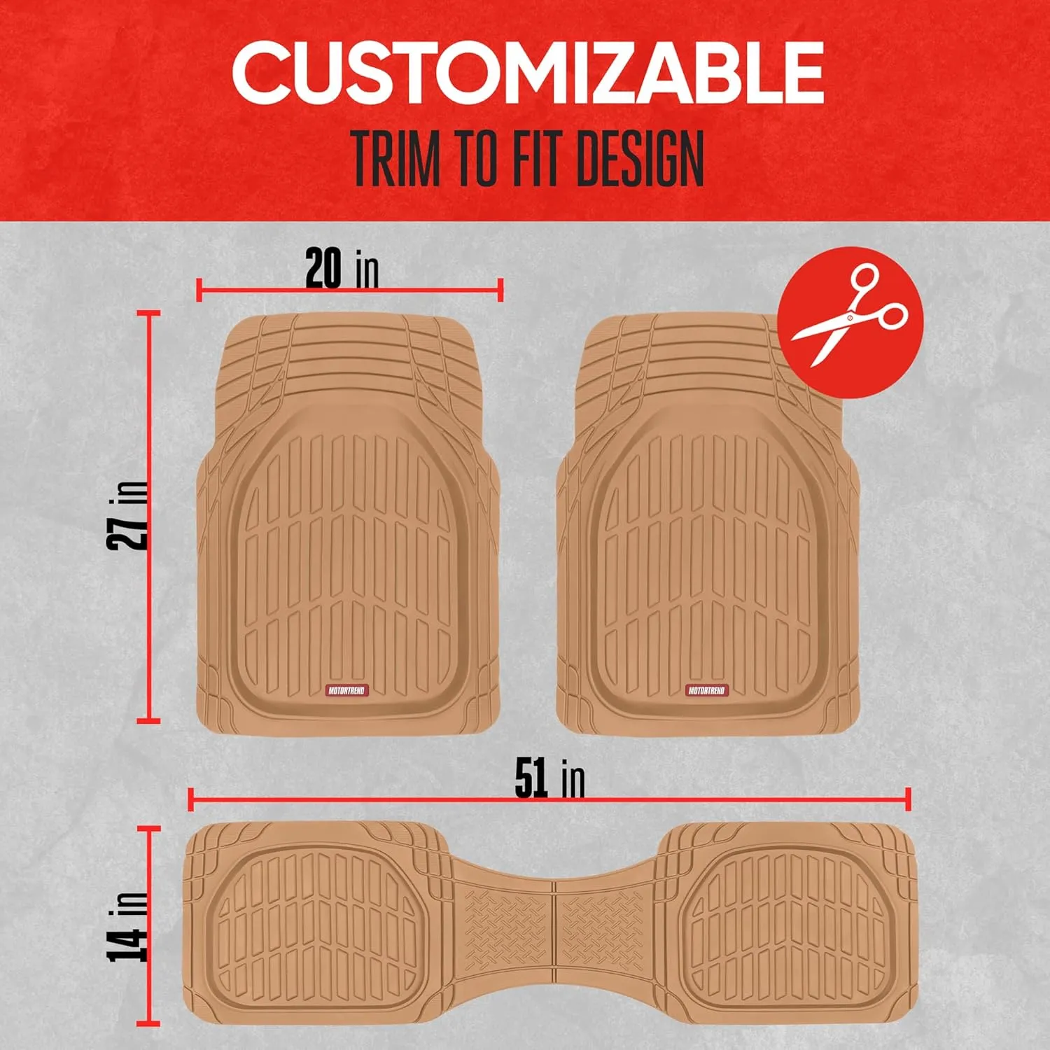 Motor Trend FlexTough Floor Mats for Cars, Beige Deep Dish All-Weather Mats, Waterproof Trim-To Fit Automotive Floor Mats for Cars Trucks SUV, Universal Floor Liner Car Accessories