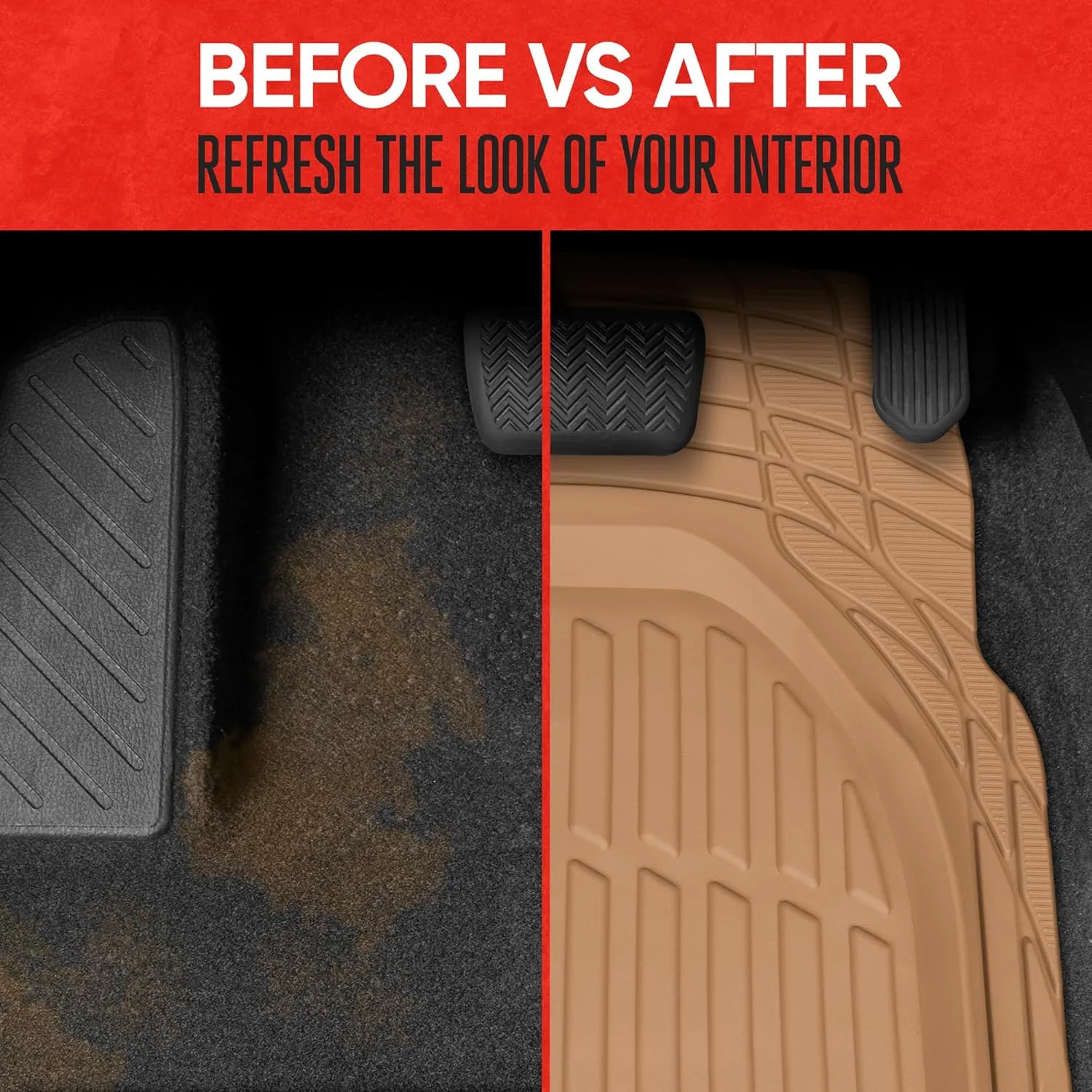 Motor Trend FlexTough Floor Mats for Cars, Beige Deep Dish All-Weather Mats, Waterproof Trim-To Fit Automotive Floor Mats for Cars Trucks SUV, Universal Floor Liner Car Accessories