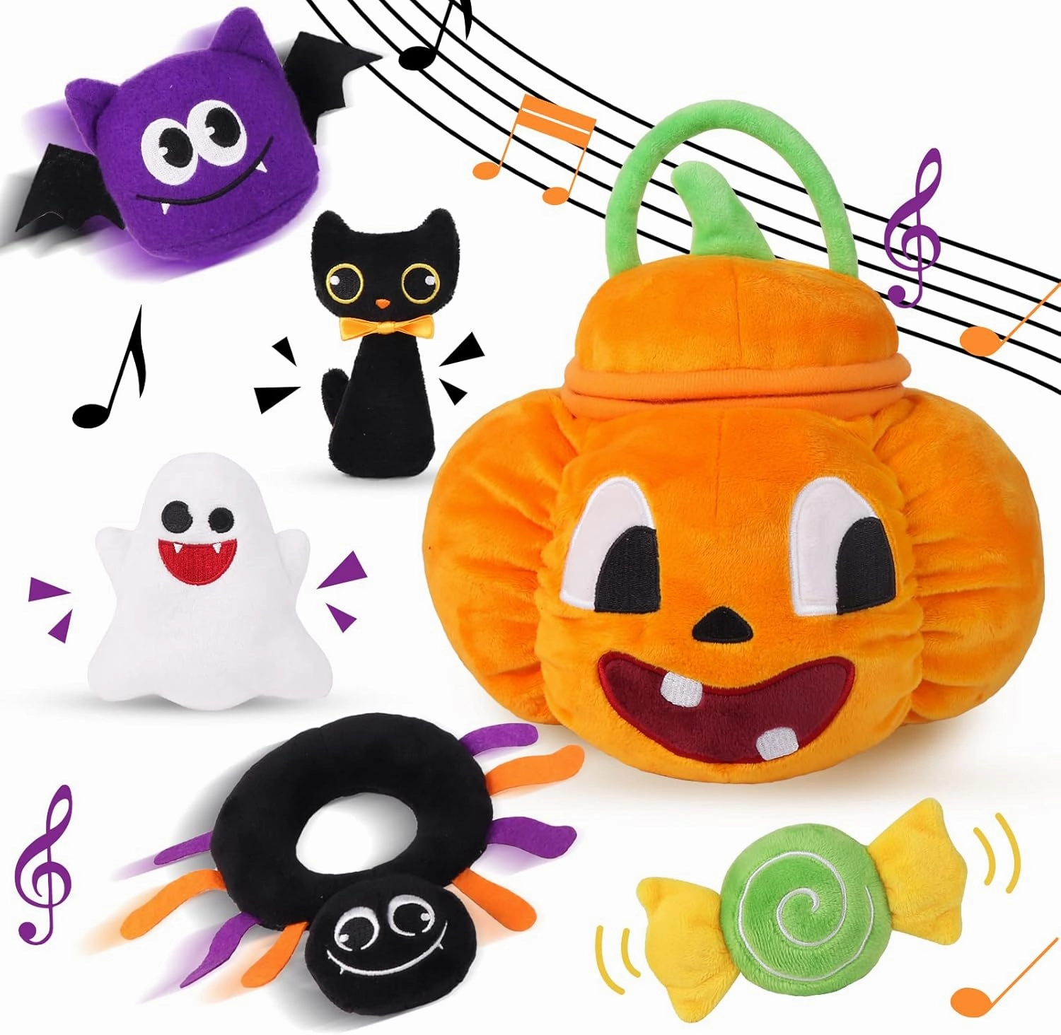 My First Halloween Plush Pumpkin Playset, Stuffed Pumpkin Cat Spider Ghost Candy with Multi Sensory Rattles, for Baby Girls Boys