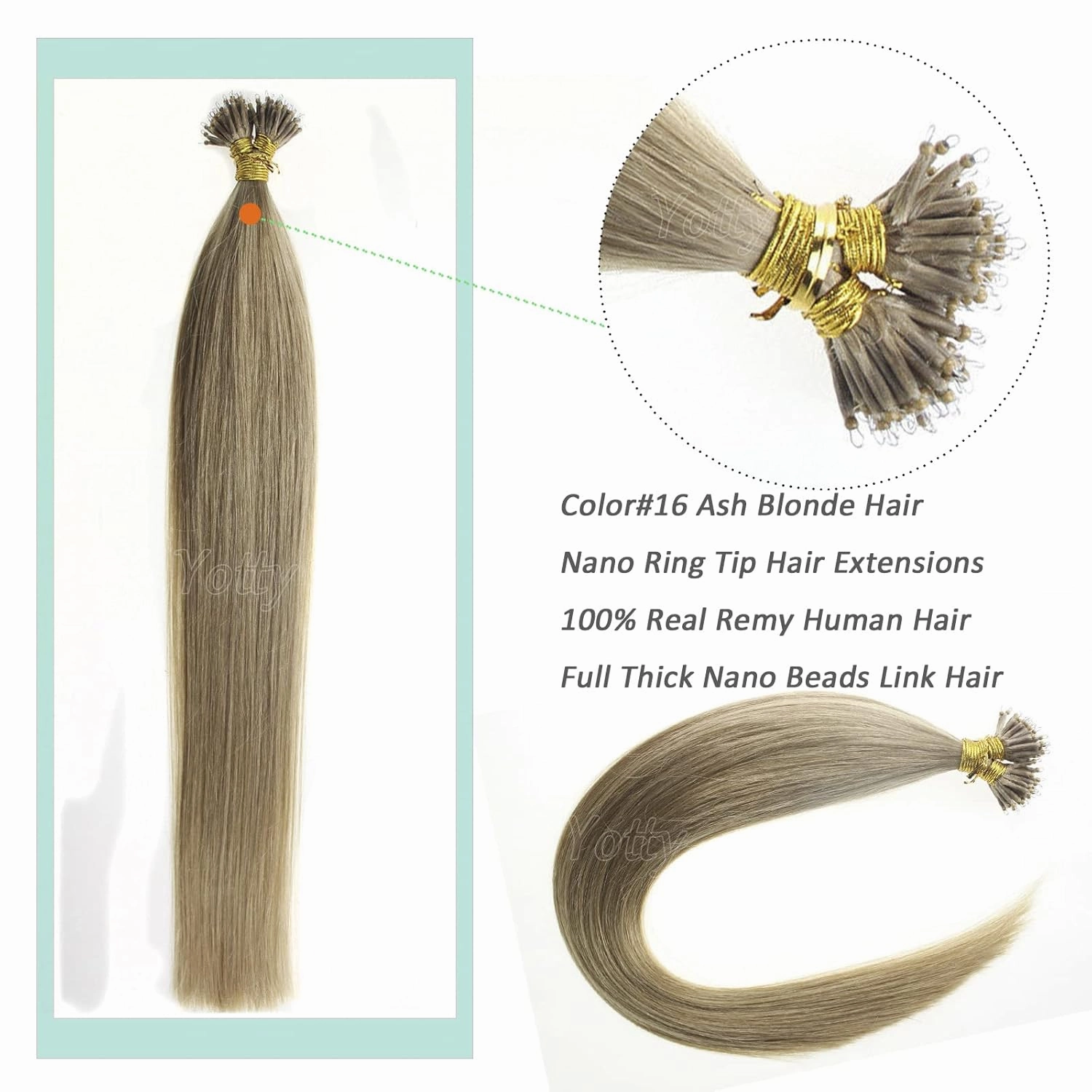 Nano Ring Hair Extensions Human Hair Keratin Cold Fusion Nano Tip Micro Beads Link Thick Hair Balayage Highlight Ombre Real Remy Hair 1g/s (18inch50gr50s, 18-Ash Blonde)