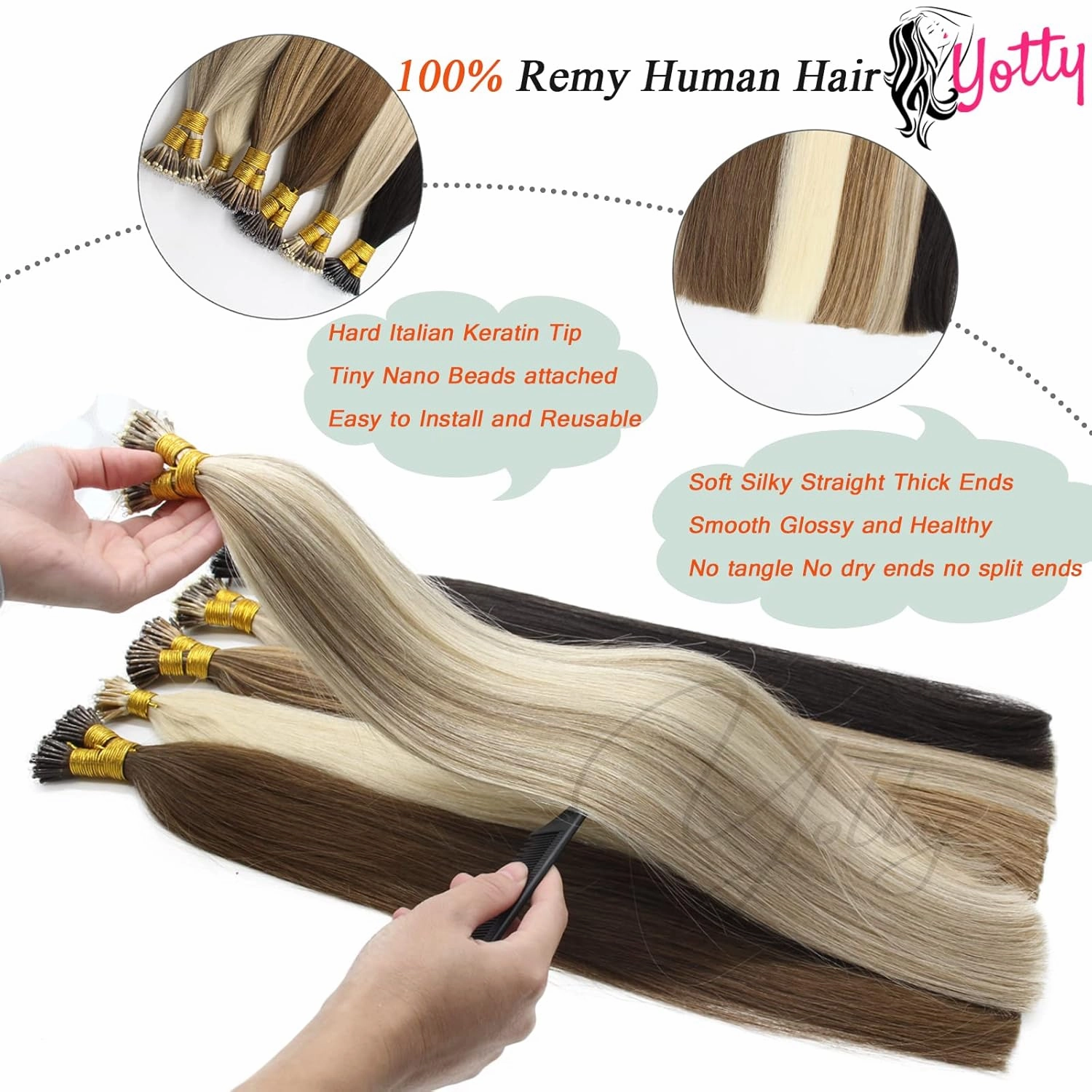 Nano Ring Hair Extensions Human Hair Keratin Cold Fusion Nano Tip Micro Beads Link Thick Hair Balayage Highlight Ombre Real Remy Hair 1g/s (18inch50gr50s, 18-Ash Blonde)