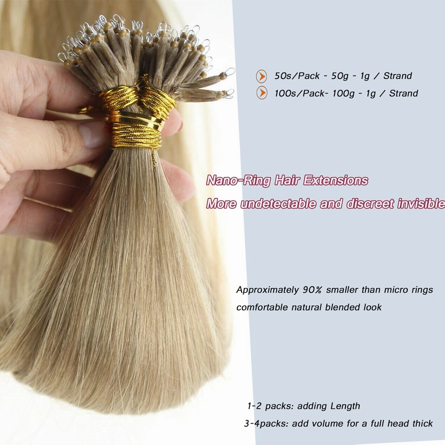 Nano Ring Hair Extensions Human Hair Keratin Cold Fusion Nano Tip Micro Beads Link Thick Hair Balayage Highlight Ombre Real Remy Hair 1g/s (18inch50gr50s, 18-Ash Blonde)