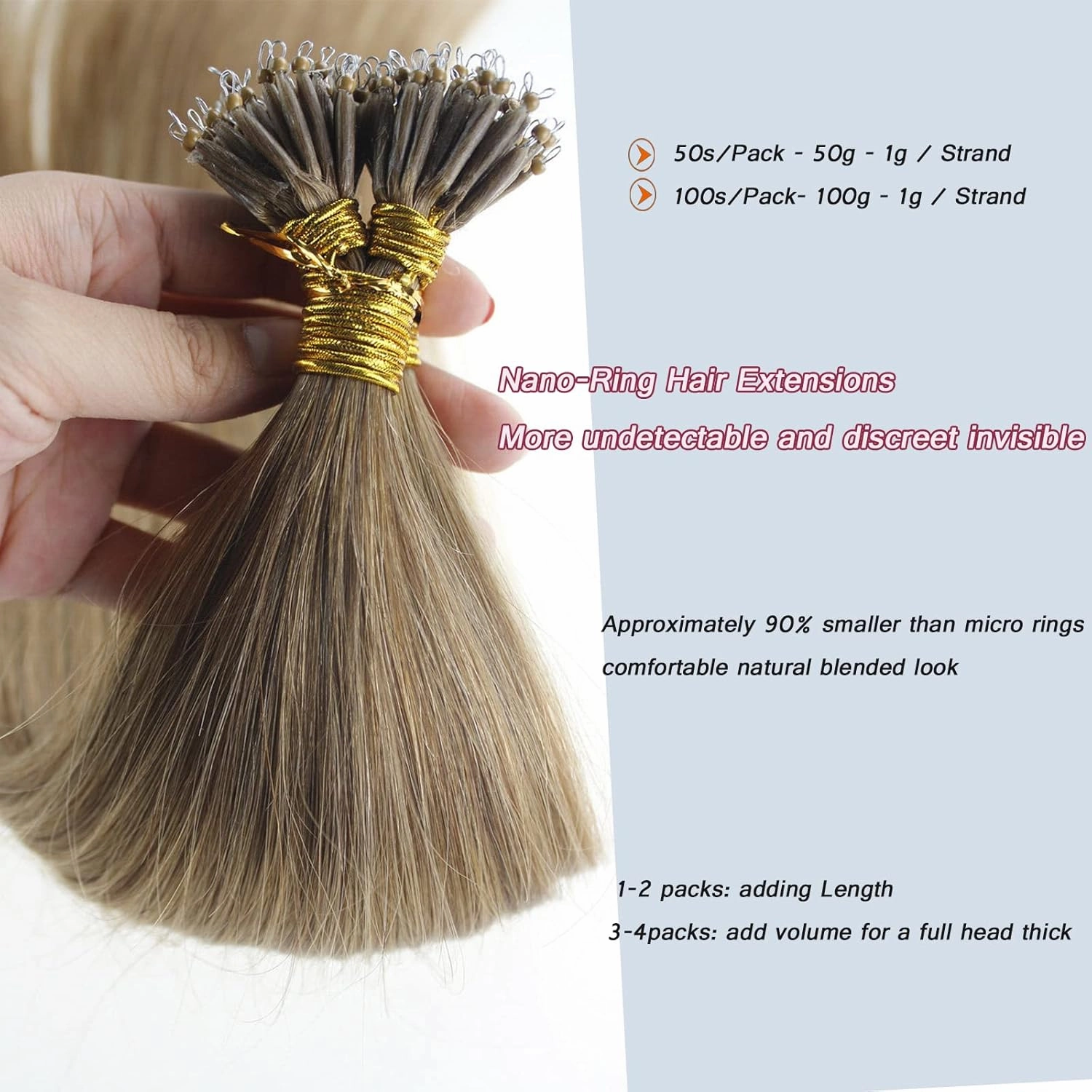 Nano Ring Hair Extensions Human Hair Keratin Cold Fusion Nano Tip Micro Nano Beads Link Thick Hair Balayage Highlight Ombre Real Remy Hair 1g/s (18inch50gr50s, 12-Light Brown)