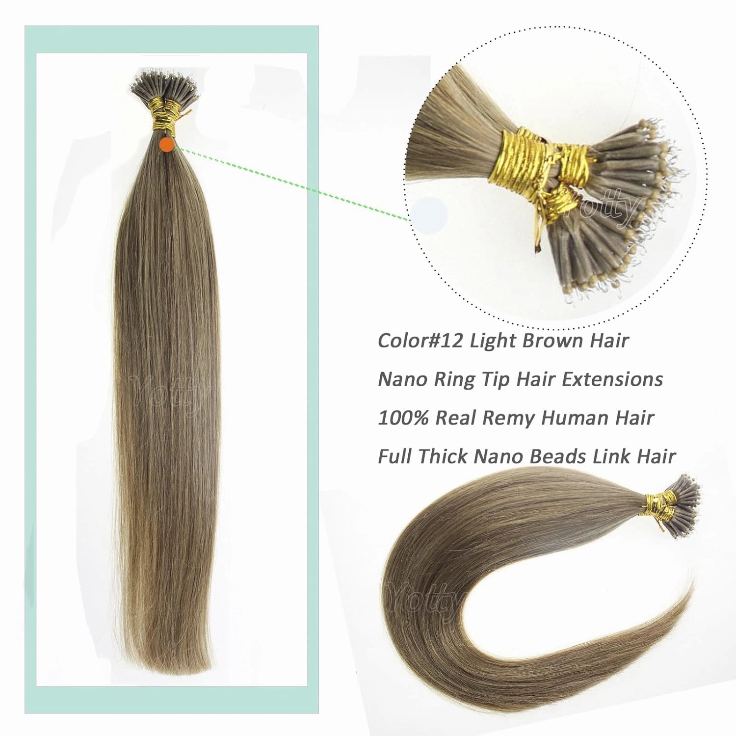Nano Ring Hair Extensions Human Hair Keratin Cold Fusion Nano Tip Micro Nano Beads Link Thick Hair Balayage Highlight Ombre Real Remy Hair 1g/s (18inch50gr50s, 12-Light Brown)
