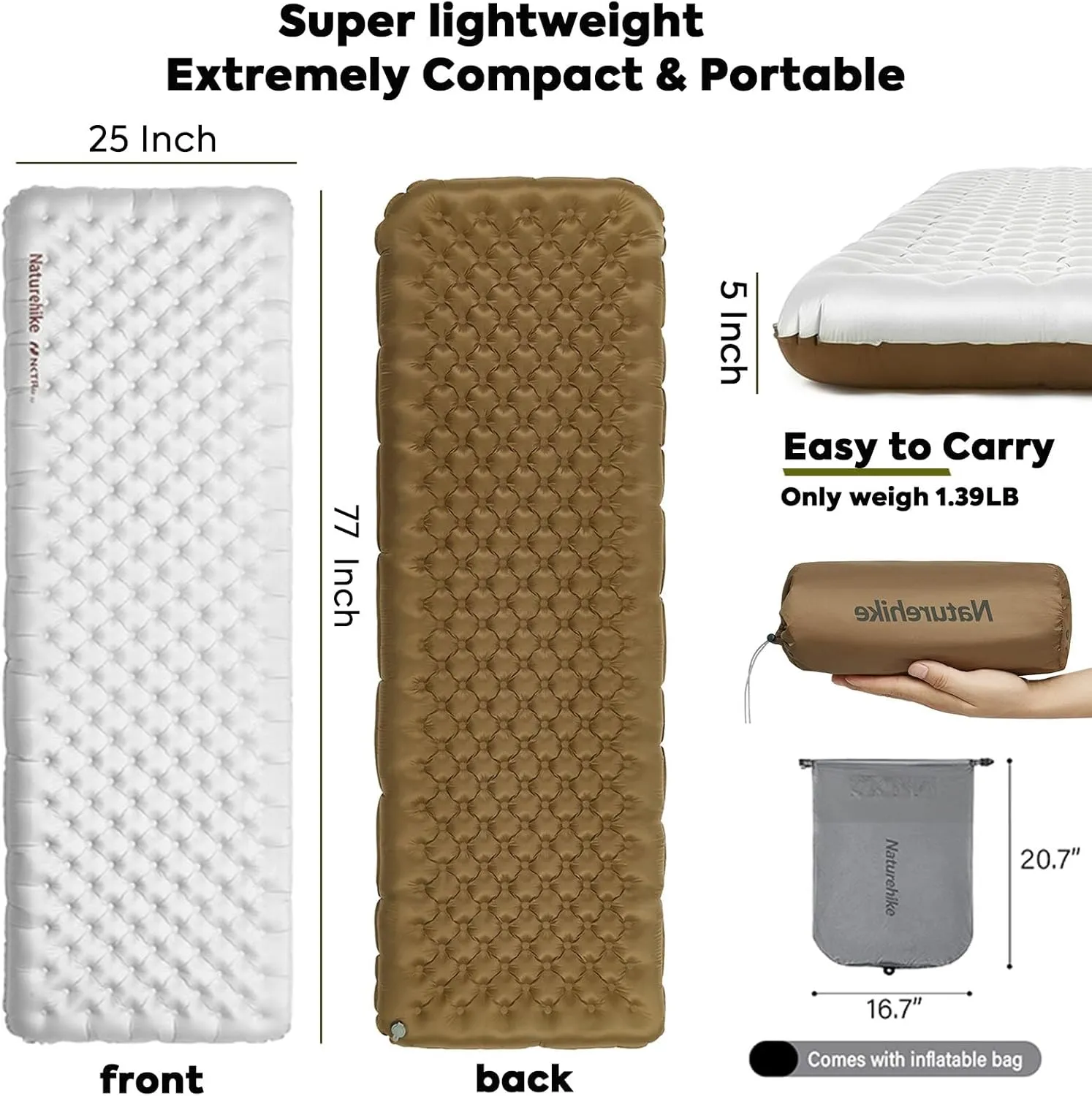 Naturehike 5.8/8.8 R-Value Camping Sleeping Pad,3.1"-4.7" Ultra-Thick,1-1.4LB Ultralight Camping Mat with Inflatable Bag,Backpacking Inflatable Foam Camping Mat for Car,Hiking