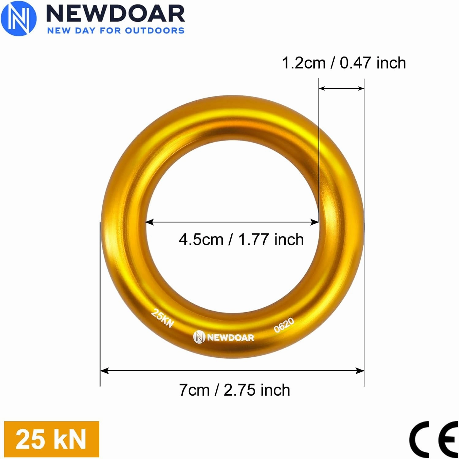 NewDoar Rappel Ring 25kN Gold Large O-Ring Rope Connector for Rock Climbing Arborist Rescue Hammock and Slackline