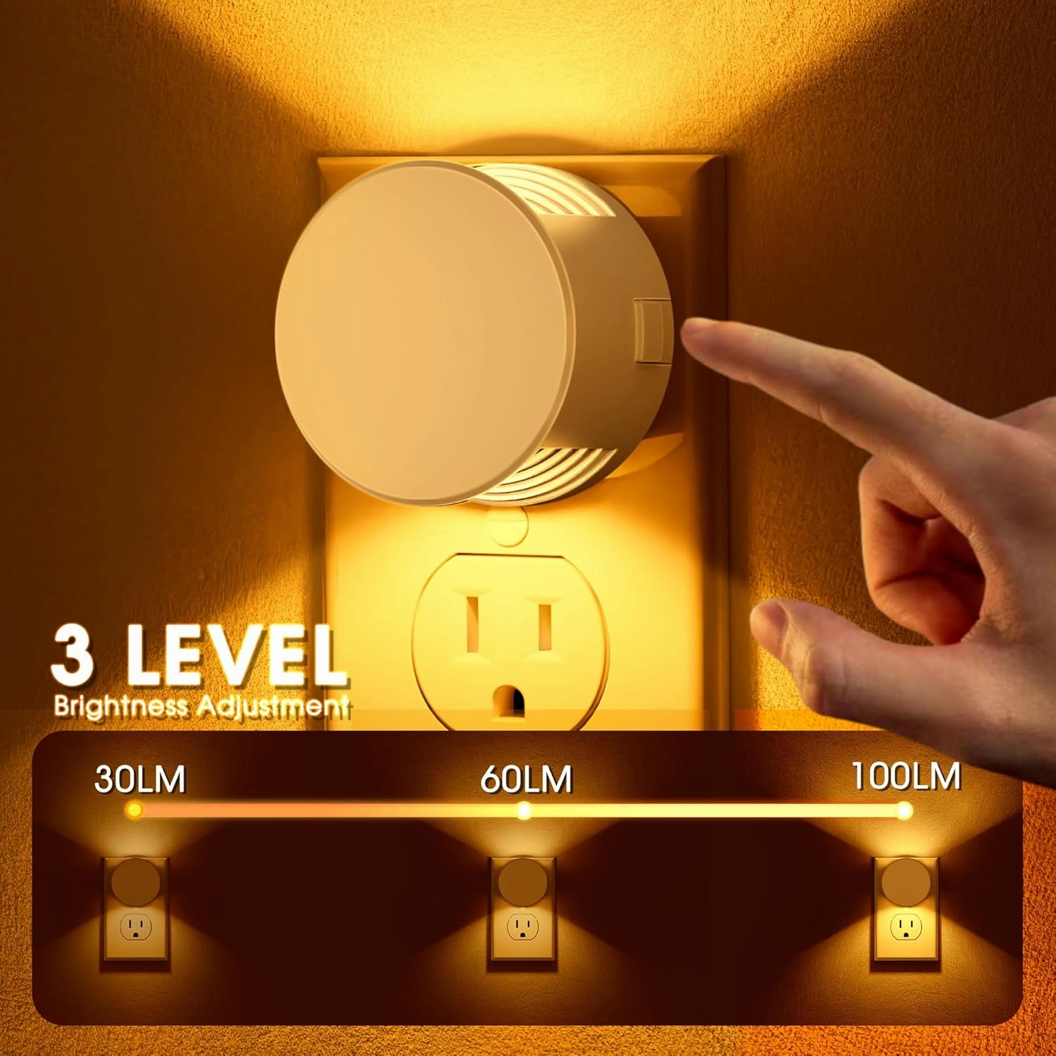Night Light [2 Pack], Night Lights Plug Into Wall, 3 Adjustable Brightness Levels, Dusk to Dawn Sensor, Soft Amber Glow, Ideal Night Light for Kids, Bedroom, Bathroom, Hallway, Nursery