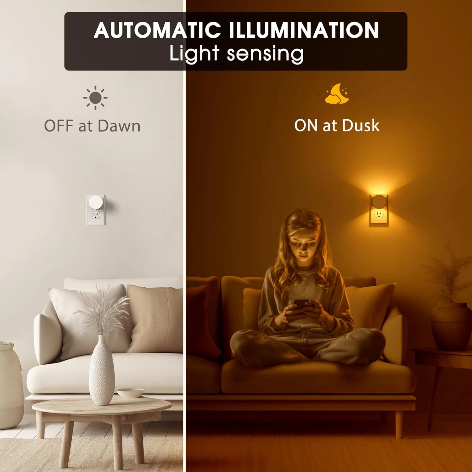 Night Light [2 Pack], Night Lights Plug Into Wall, 3 Adjustable Brightness Levels, Dusk to Dawn Sensor, Soft Amber Glow, Ideal Night Light for Kids, Bedroom, Bathroom, Hallway, Nursery