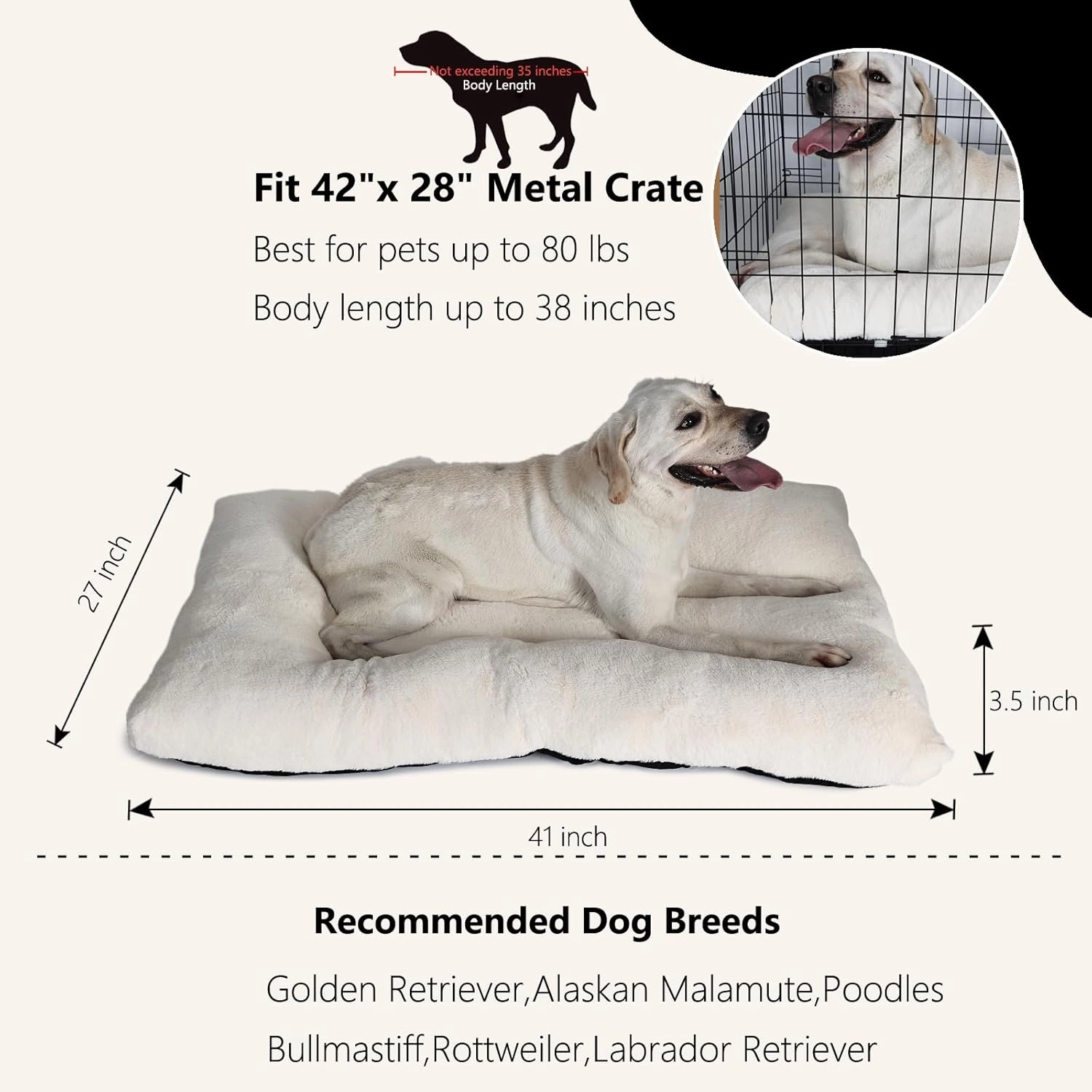 nononfish Dog Crate Pad 42x28 for Large Dog Washable,Soft & Plush Pet Mat for Kennel XLarge with Anti-Slip Bottom fit 42 inch Crates,Deluxe Fluffy Thick for Older Pet Sleeping Mat,Cream White