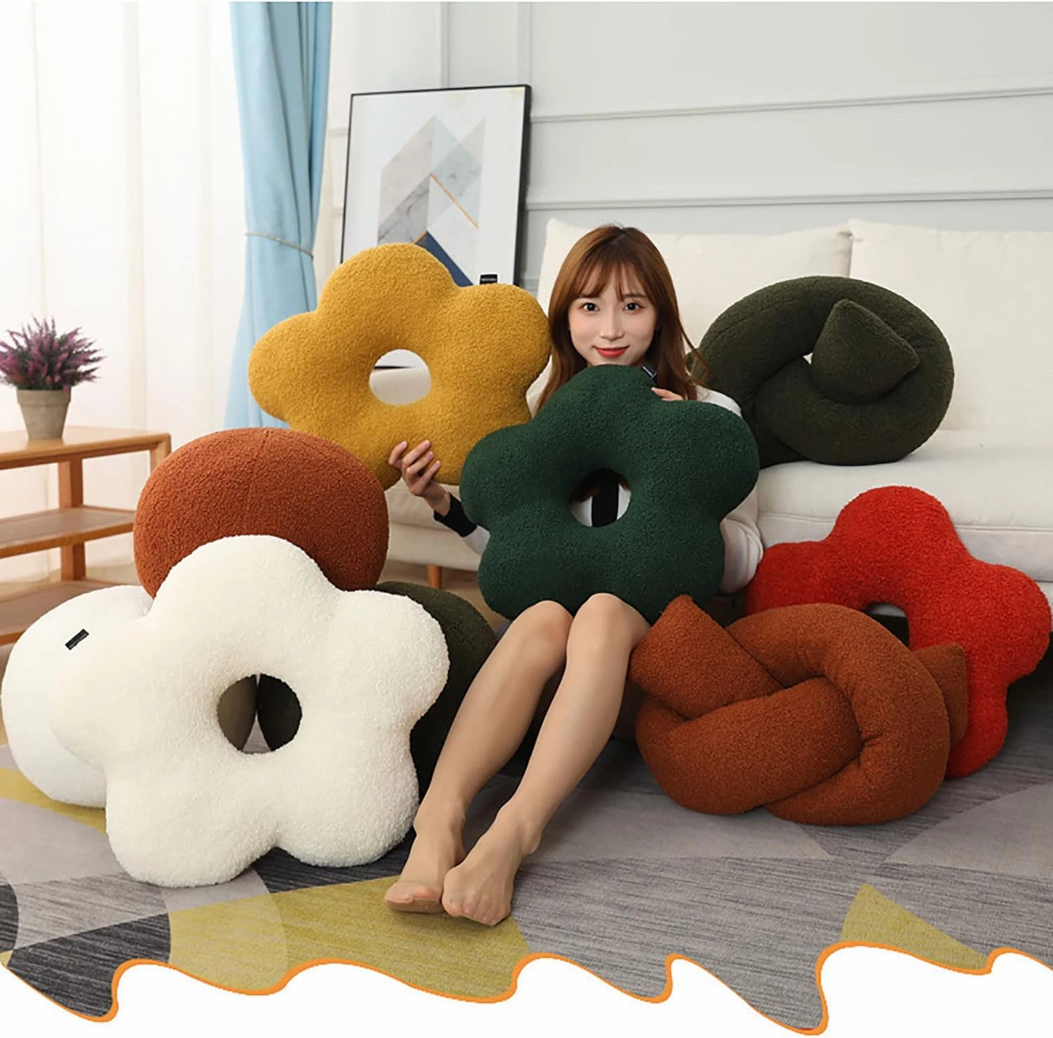 Nordic Style Flower-Shaped and Ball Throw Pillows - Sofa Cushions, Plush Throw Pillow (Brown, 33cm/12.99inch)
