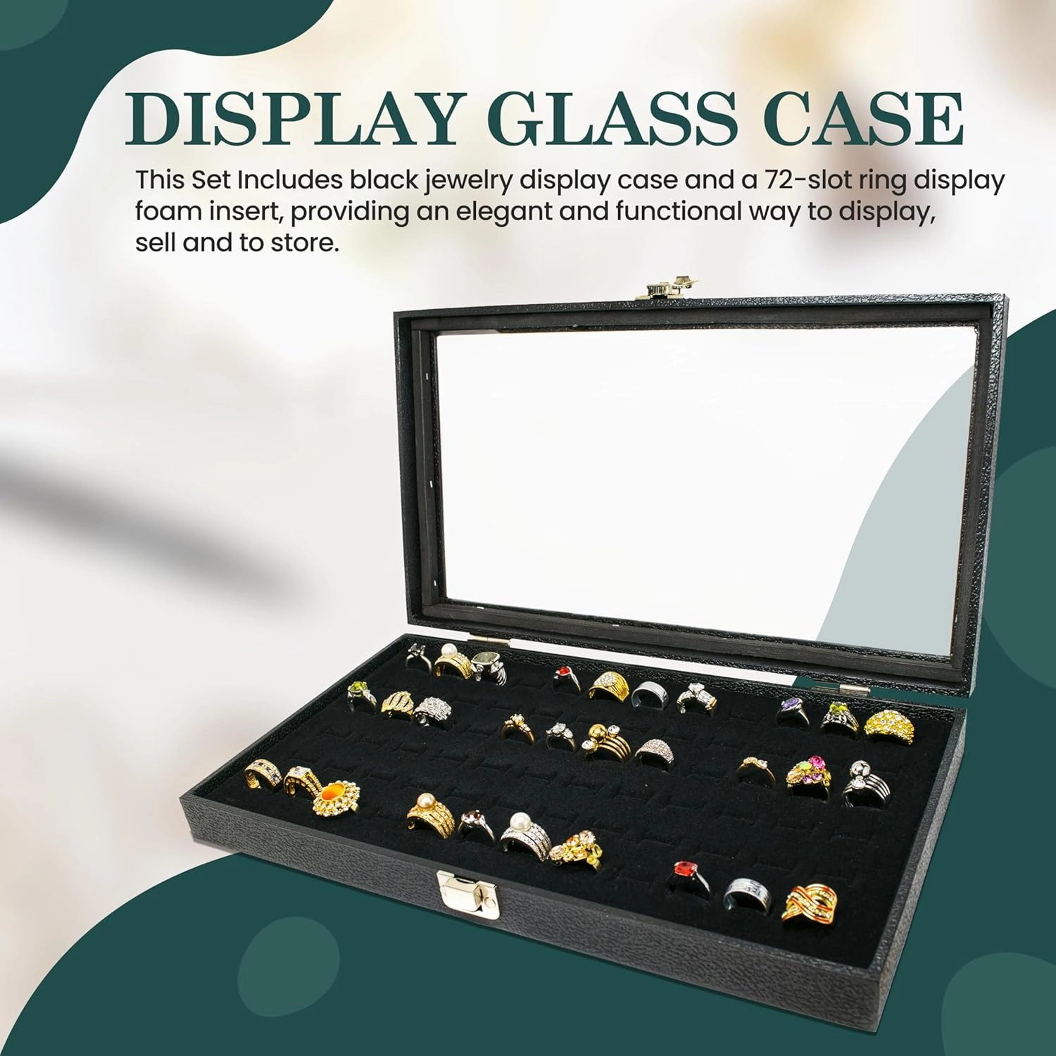 Novel Box Ring Display Glass Case Black 14.75x8.25x2.1 Inches with 72-Slot Black Ring Foam Insert - Travel Ring Case with Metal Clasp - Jewelry Box to Keep Rings Dust Free & Secure