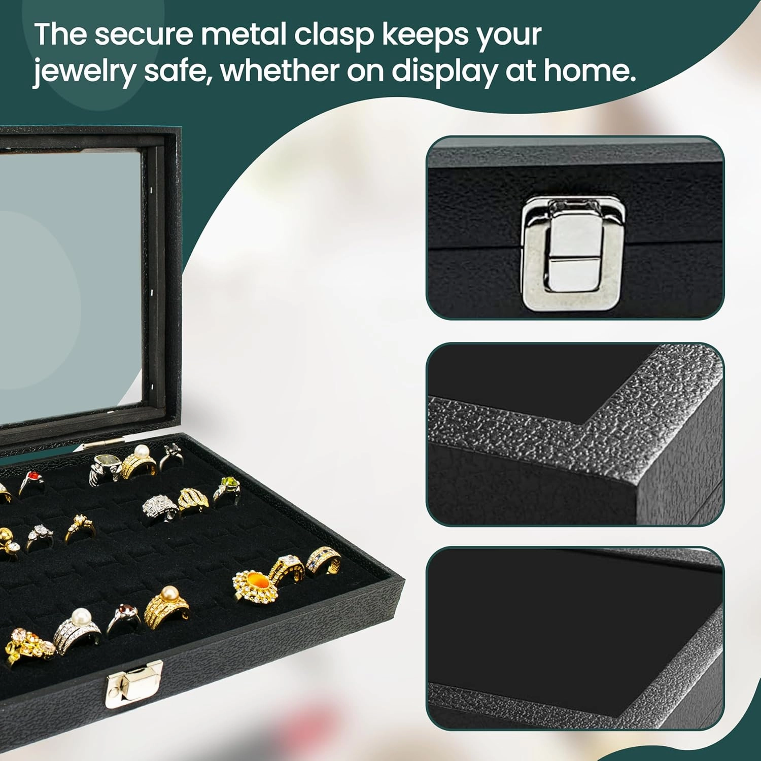 Novel Box Ring Display Glass Case Black 14.75x8.25x2.1 Inches with 72-Slot Black Ring Foam Insert - Travel Ring Case with Metal Clasp - Jewelry Box to Keep Rings Dust Free & Secure