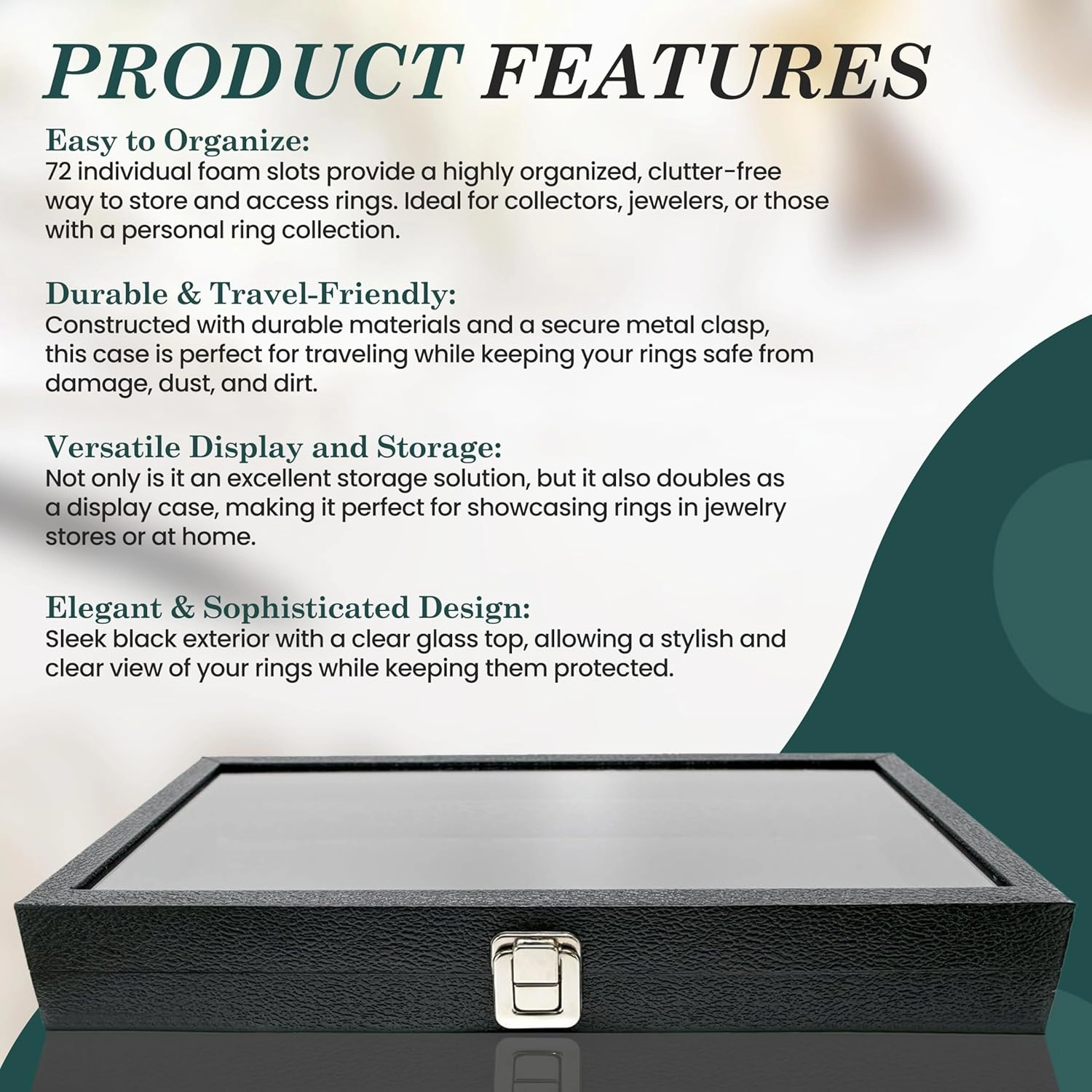 Novel Box Ring Display Glass Case Black 14.75x8.25x2.1 Inches with 72-Slot Black Ring Foam Insert - Travel Ring Case with Metal Clasp - Jewelry Box to Keep Rings Dust Free & Secure