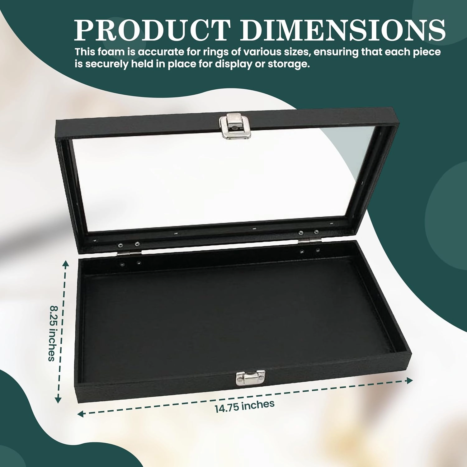 Novel Box Ring Display Glass Case Black 14.75x8.25x2.1 Inches with 72-Slot Black Ring Foam Insert - Travel Ring Case with Metal Clasp - Jewelry Box to Keep Rings Dust Free & Secure