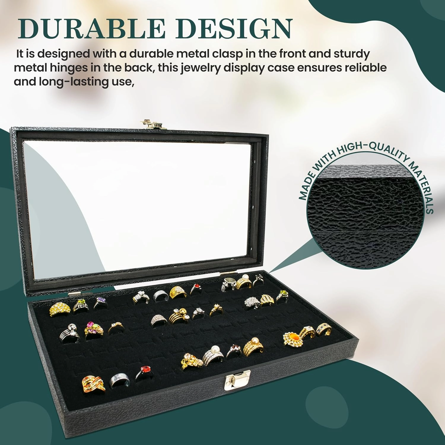 Novel Box Ring Display Glass Case Black 14.75x8.25x2.1 Inches with 72-Slot Black Ring Foam Insert - Travel Ring Case with Metal Clasp - Jewelry Box to Keep Rings Dust Free & Secure