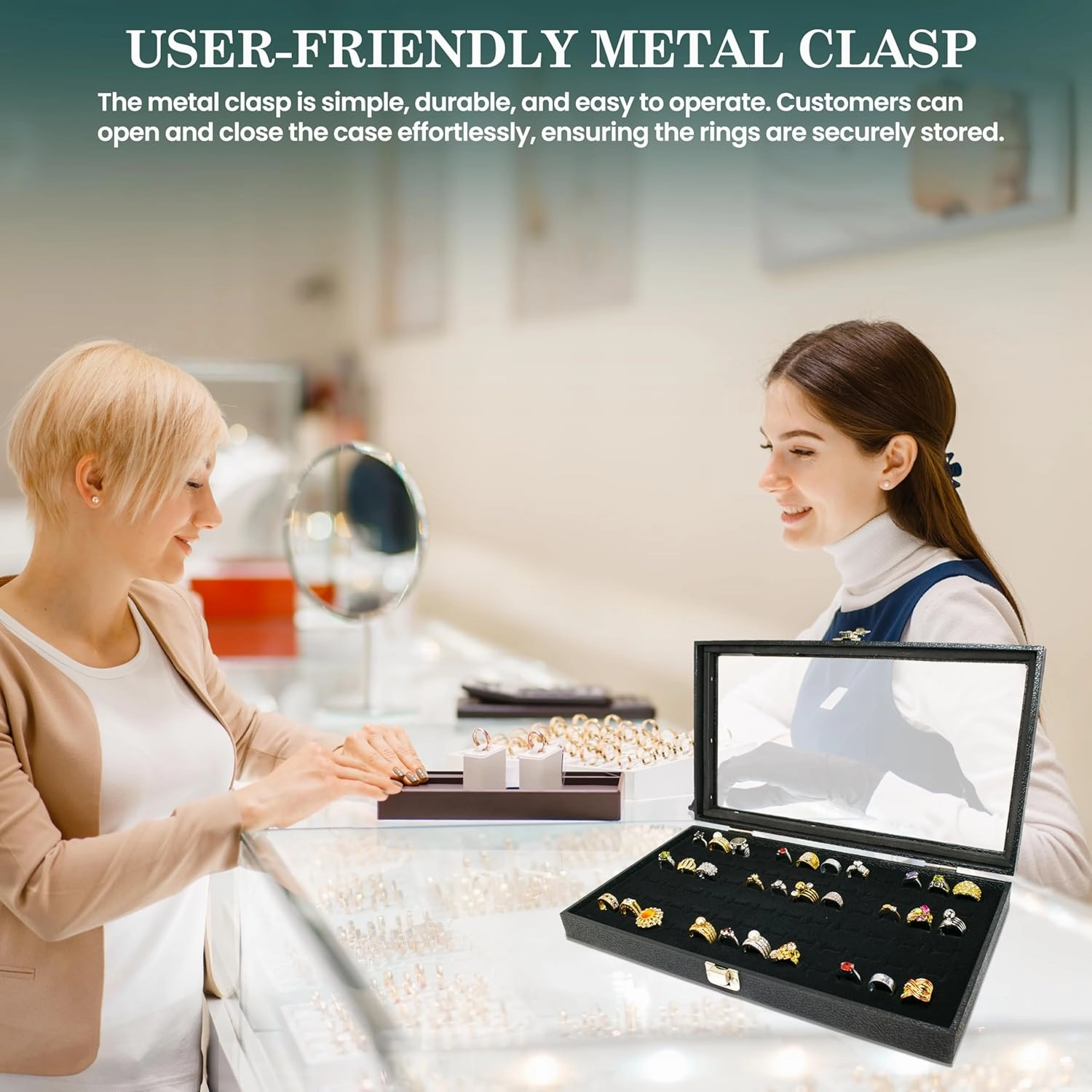 Novel Box Ring Display Glass Case Black 14.75x8.25x2.1 Inches with 72-Slot Black Ring Foam Insert - Travel Ring Case with Metal Clasp - Jewelry Box to Keep Rings Dust Free & Secure