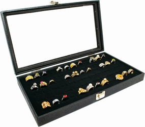 Novel Box Ring Display Glass Case Black 14.75x8.25x2.1 Inches with 72-Slot Black Ring Foam Insert - Travel Ring Case with Metal Clasp - Jewelry Box to Keep Rings Dust Free & Secure