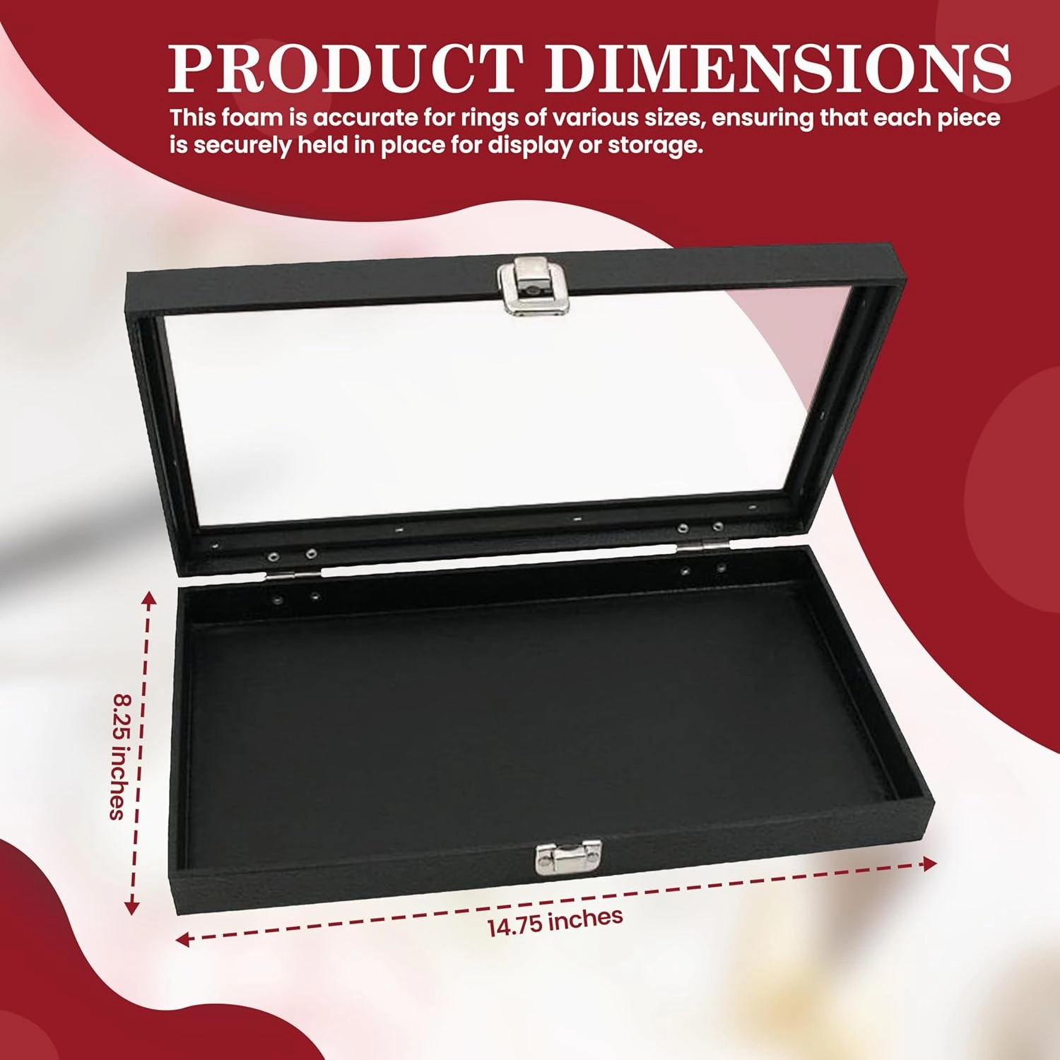 Novel Box Ring Display Glass Case Black 14.75x8.25x2.1 Inches with 72-Slot Burgundy Ring Foam Insert - Travel Ring Case with Metal Clasp - Jewelry Box to Keep Rings Dust Free & Secure