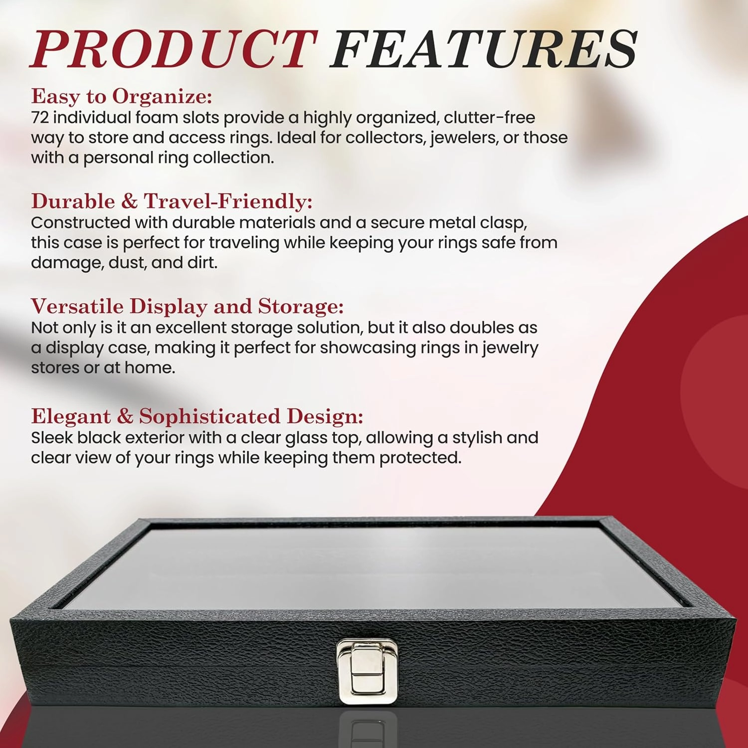 Novel Box Ring Display Glass Case Black 14.75x8.25x2.1 Inches with 72-Slot Burgundy Ring Foam Insert - Travel Ring Case with Metal Clasp - Jewelry Box to Keep Rings Dust Free & Secure